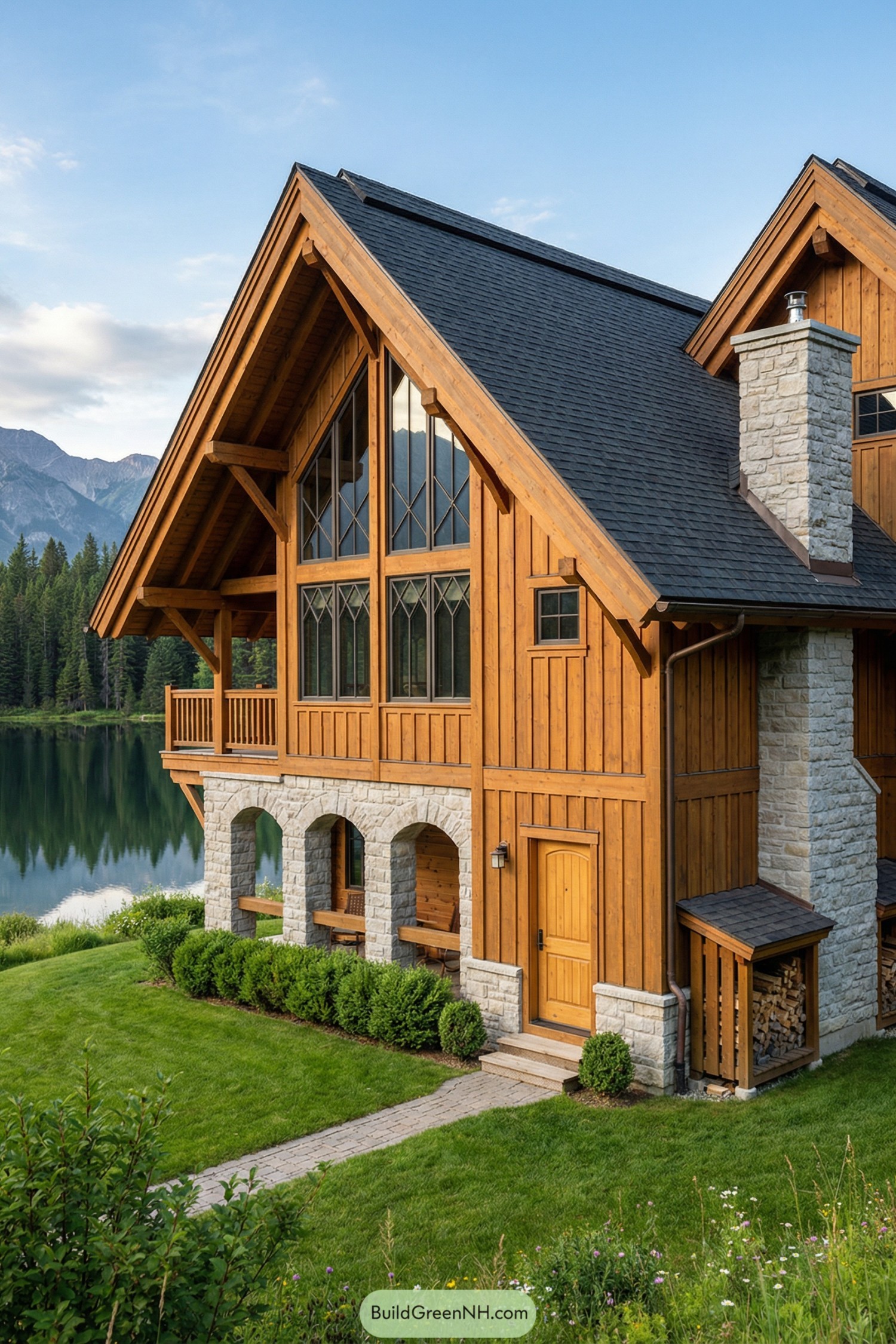 Lakeside timber and stone cabin with tall gables