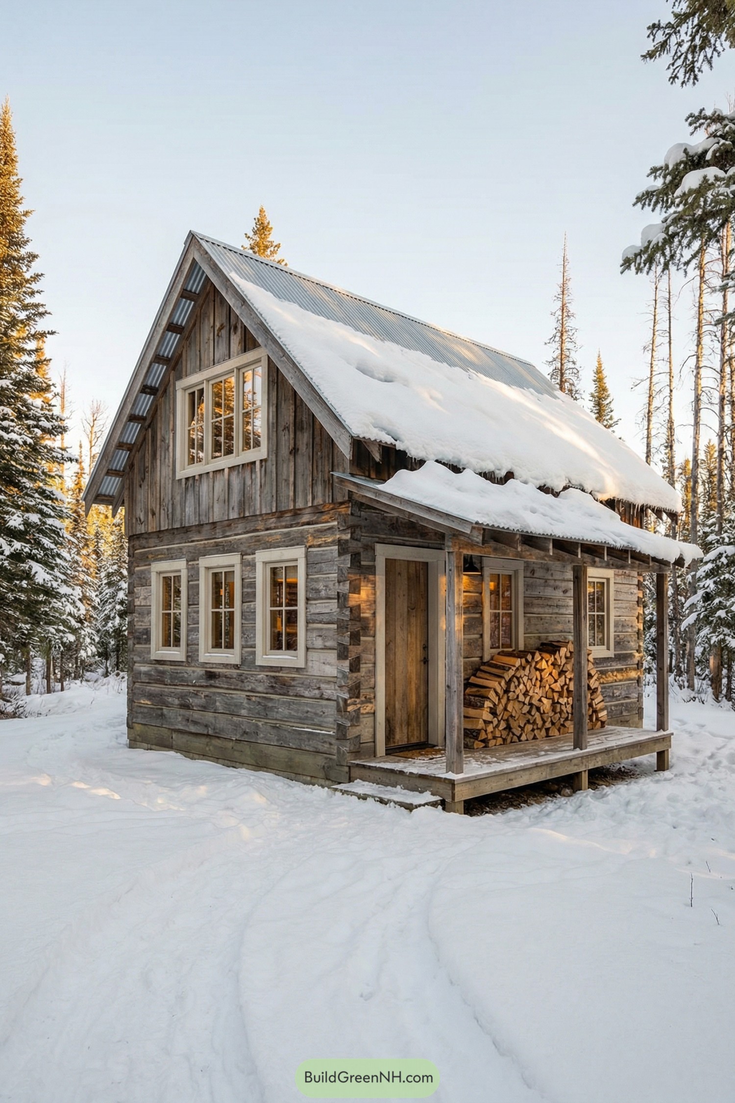 Small rustic wood cabin with metal roof and snow-covered porch in a quiet forest