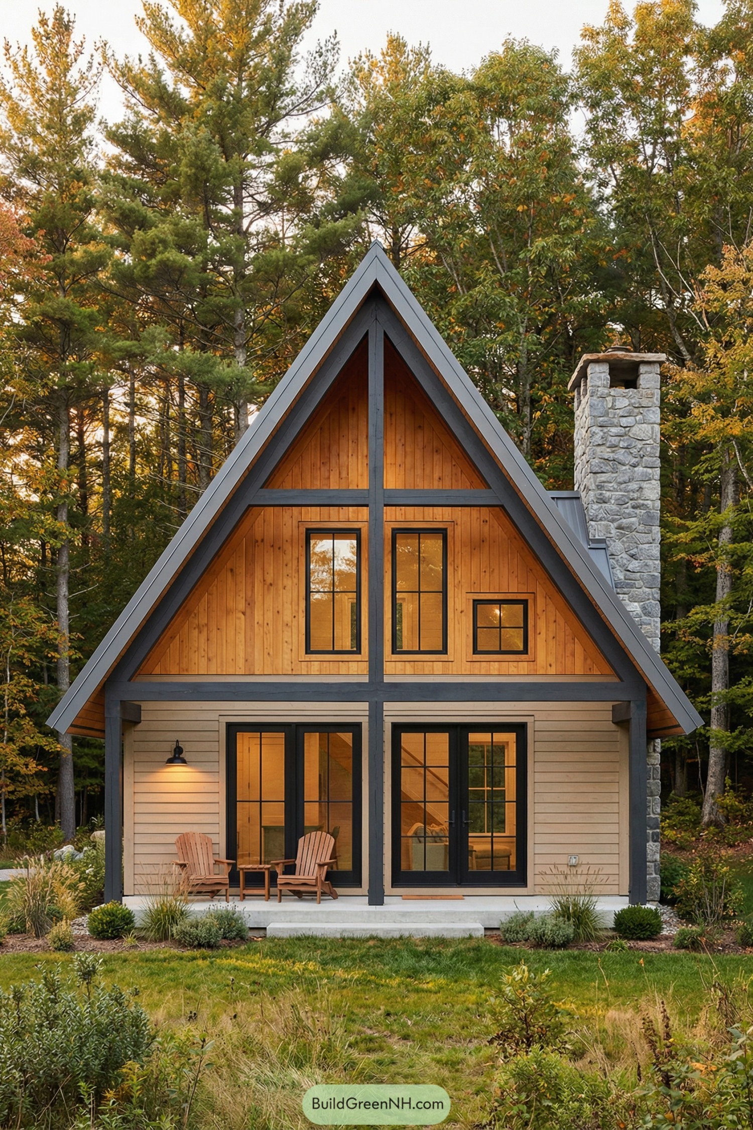 A-frame cabin with stone chimney and large black-trimmed windows glowing in a wooded clearing
