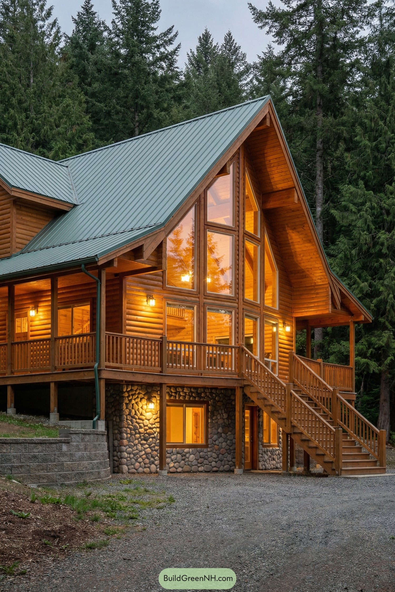 Warm timber cabin with tall glass facade among evergreens
