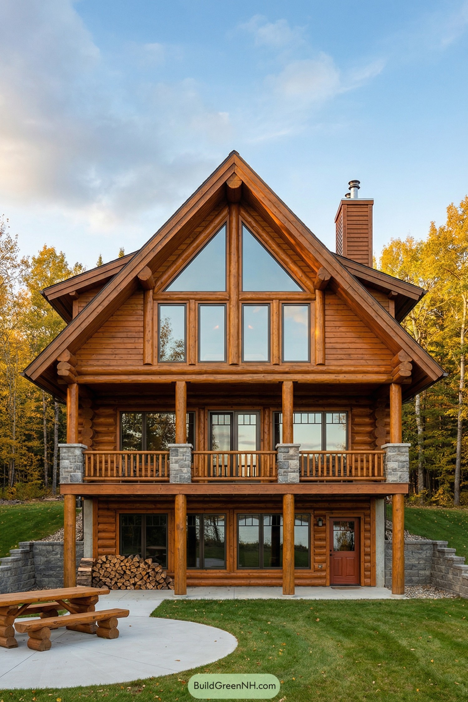 Three-story log cabin with tall gabled roof and expansive front windows framed by trees