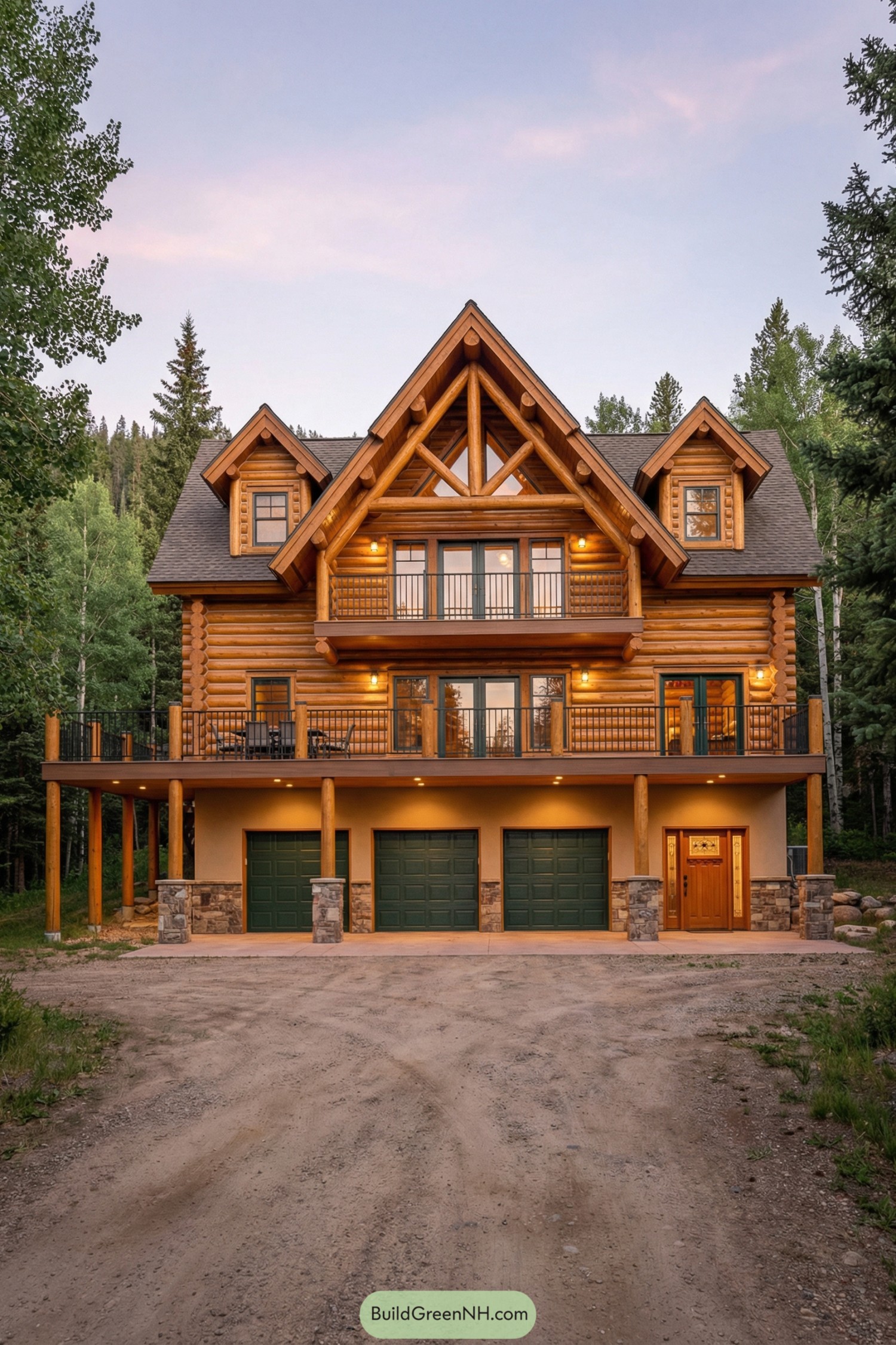 Large three story log cabin with stacked balconies and three front gables in a forest setting