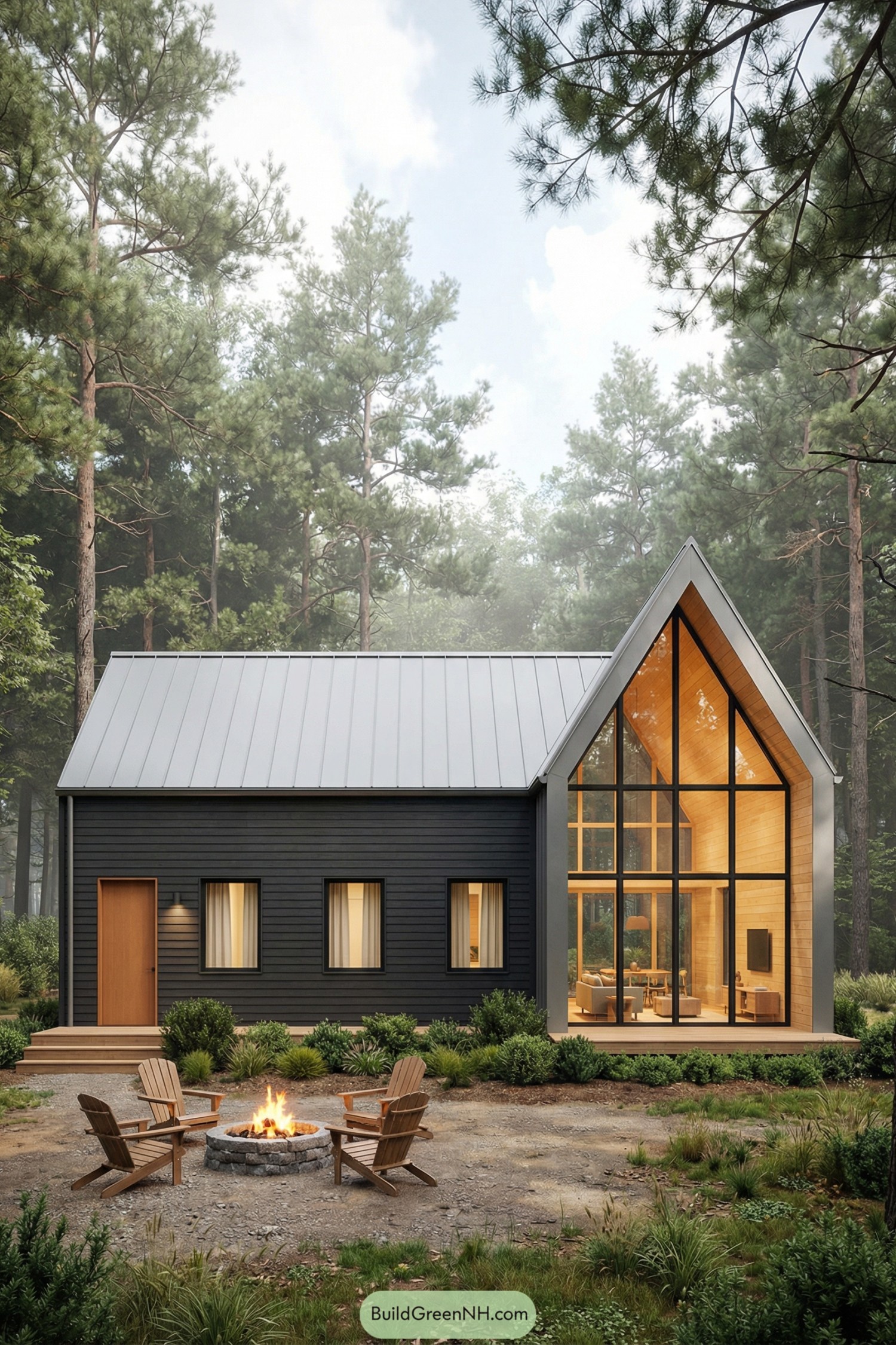 high-res photo of cabin house, modern hybrid cabin with long rectangular volume joined to a tall glass-fronted A-frame, dark charcoal horizontal wood siding facade with minimal detailing and slim black trim, muted dark exterior colors contrasted by warm golden light from inside, elongated single-story rectangular body and attached two-story A-frame forming an asymmetric silhouette, materials of building in painted timber cladding, black metal structural frames, natural light wood visible on interior walls and ceilings, roofing in standing-seam matte light-gray metal forming a simple gable over the main volume and continuing as sharp metal-edged planes on the A-frame, A-frame front fully glazed with floor-to-peak glass curtain wall divided by thin black mullions into vertical and horizontal grids, three evenly spaced medium rectangular windows on the main facade with black frames and soft curtains, simple flush entrance door in warm wood tone on the left side of the main volume, continuous low wooden deck running along the front and around the base of the A-frame, circular stone-ring fire pit with active flames in front of the cabin surrounded by four wooden Adirondack chairs on a compacted gravel and earth clearing, low clipped shrubs and dense groundcover planted along the facade edge, naturalistic landscaping with scattered grasses, small plants and forest-floor vegetation extending into the clearing, surrounding environment of dense tall pine trees and mixed forest creating an enclosed woodland setting, soft daylight filtering through the canopy with light haze and bright sky patches above, overall scene calm and picture-worthy. real-life photo, high-resolution, architectural photography, soft lighting, cinematic composition