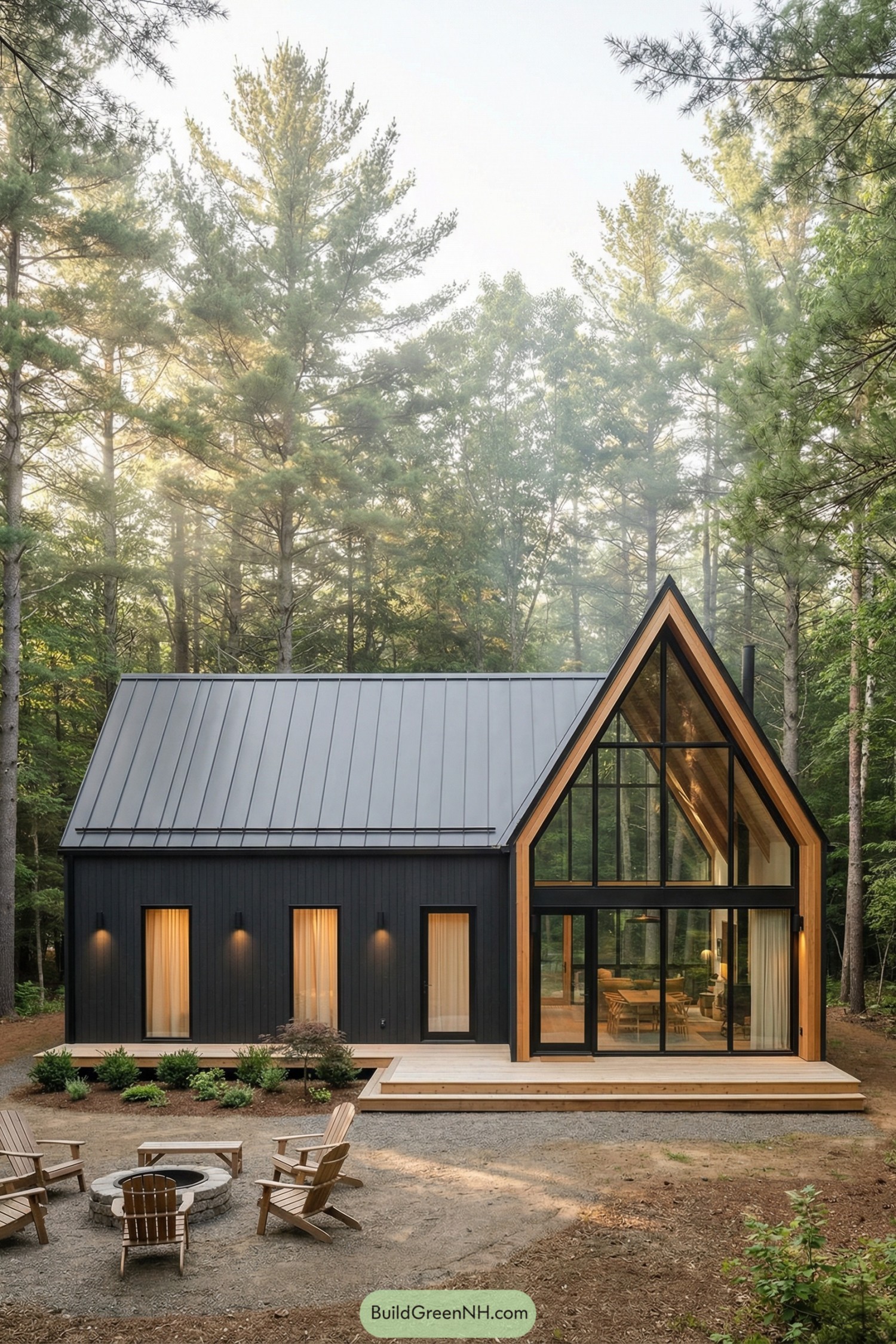 Modern black cabin with glass gable facade framed by tall trees