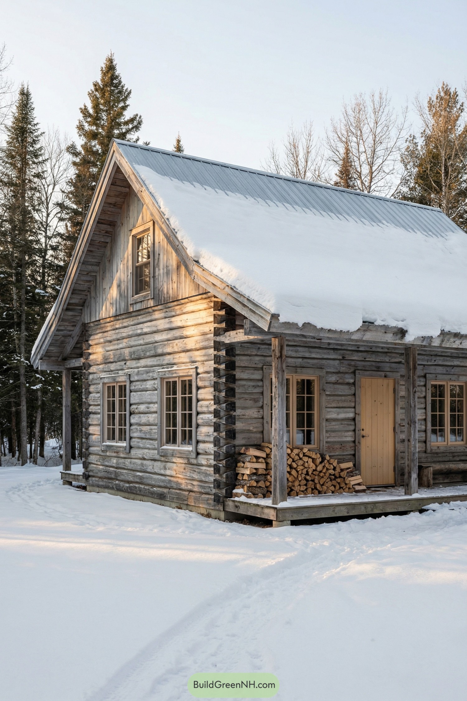 Rustic log cabin in snowy forest