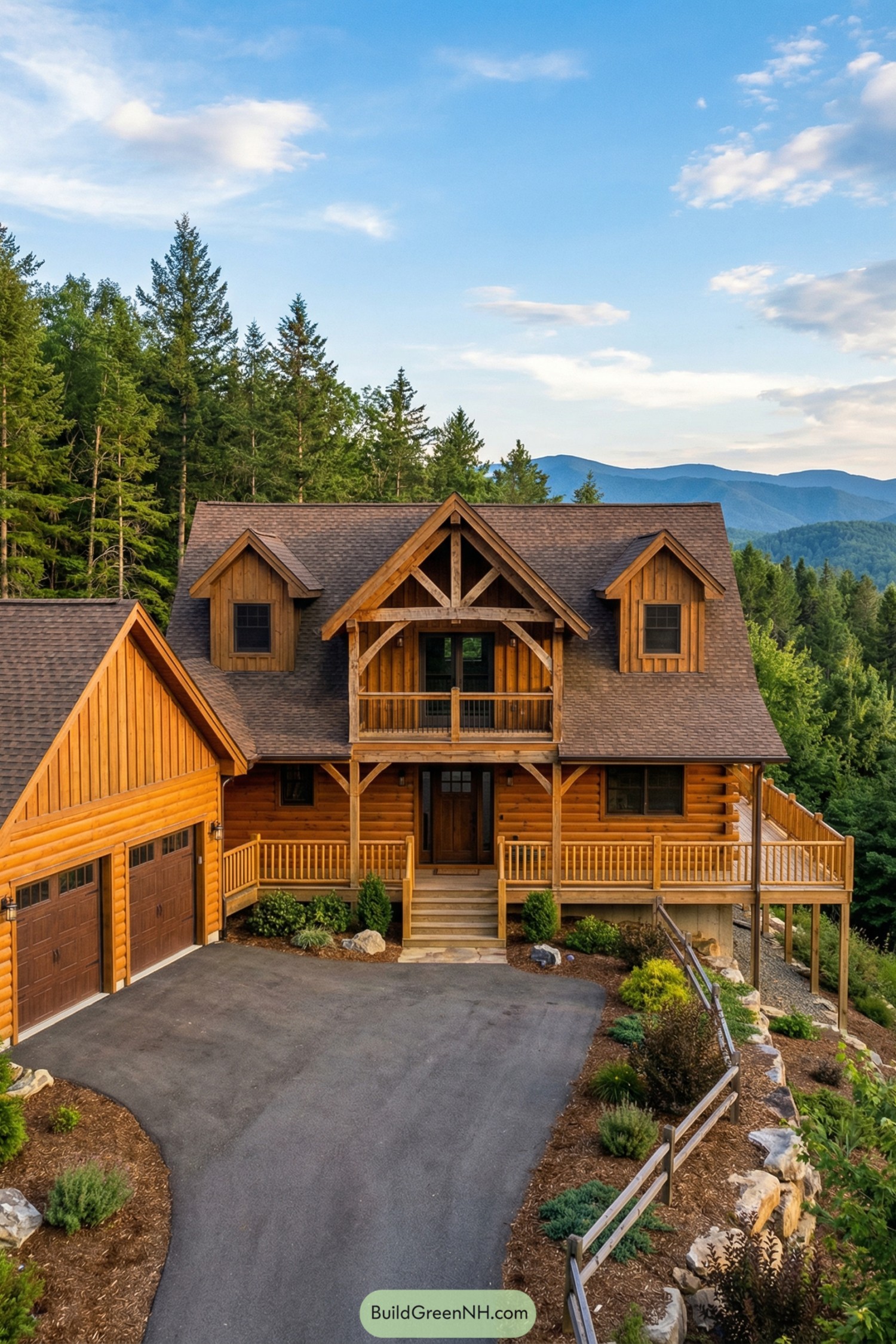 Two-story log cabin with wraparound deck in the mountains