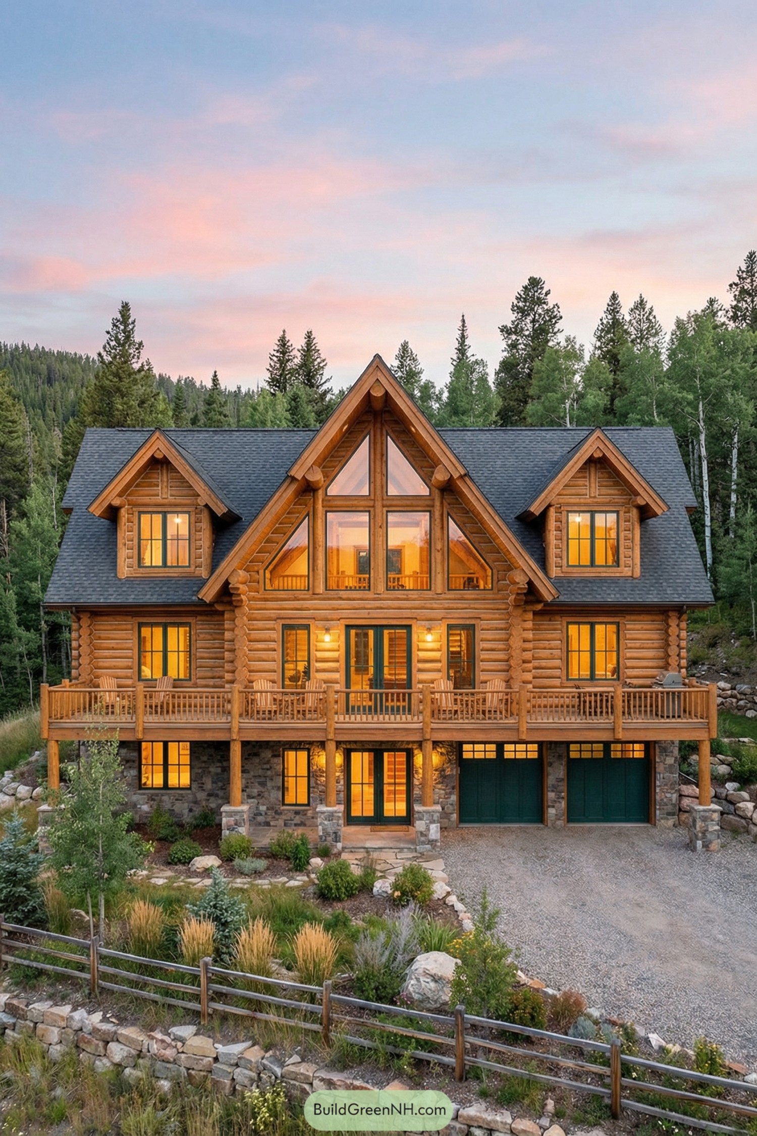 Large log cabin with tall glass gable and wraparound deck