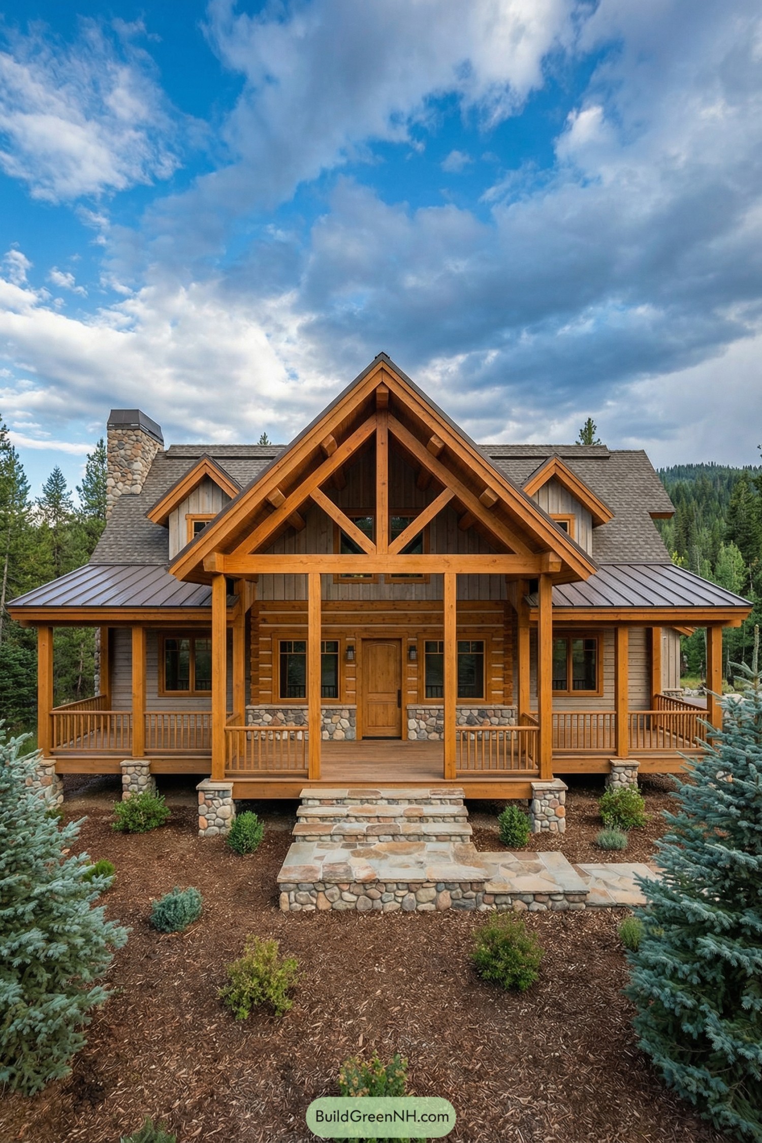 Timber cabin with large gabled porch and stone base in a forest setting