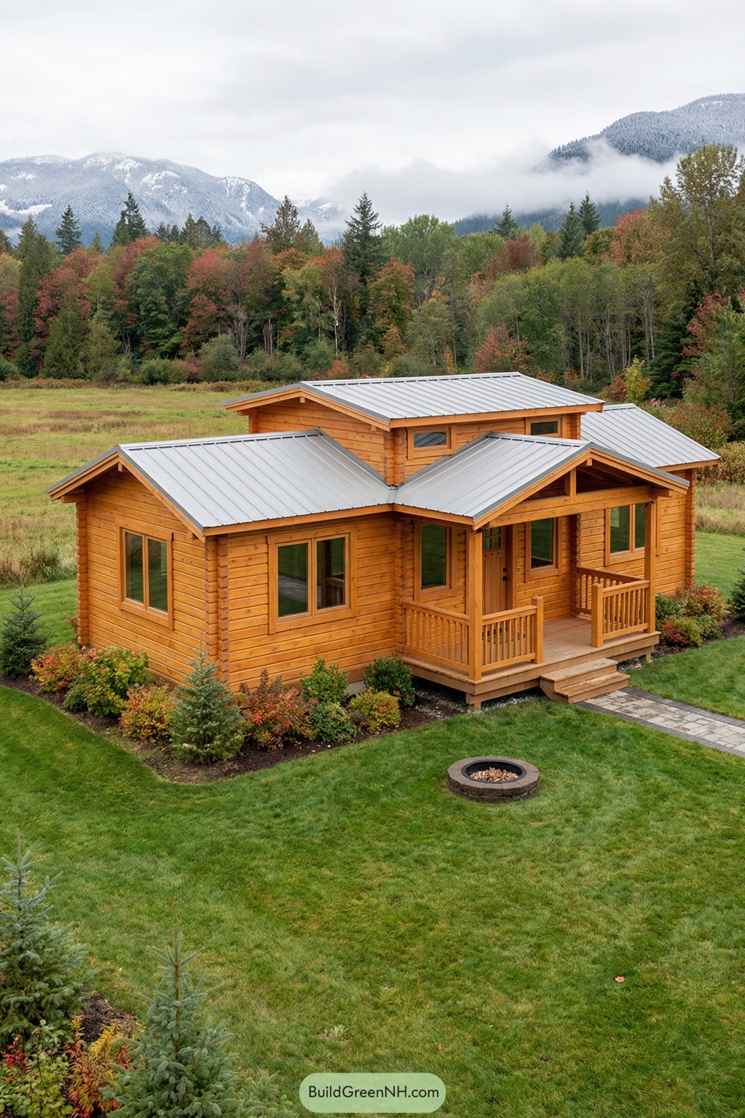 Compact timber cabin with modern metal roofs