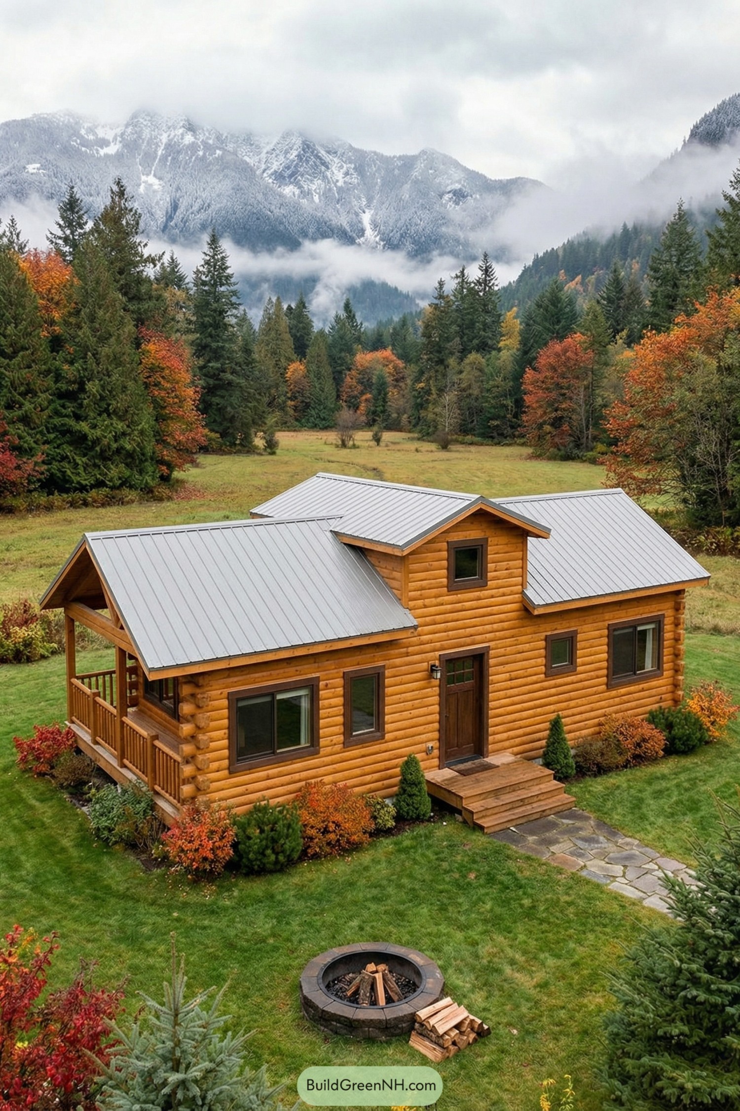 Cozy log cabin with metal roof in mountain meadow