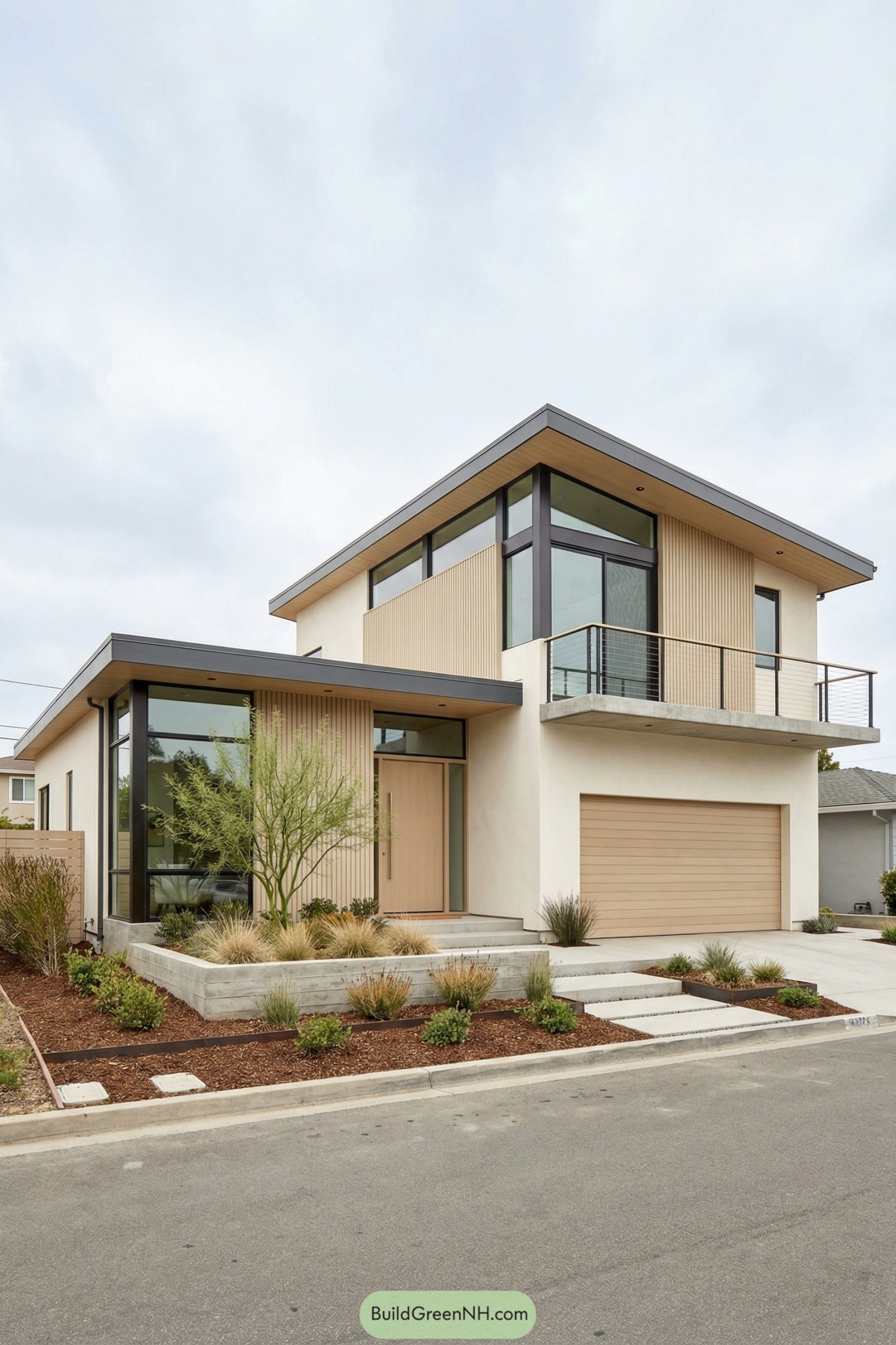 Two-story modern house with flat roofs and light wood cladding