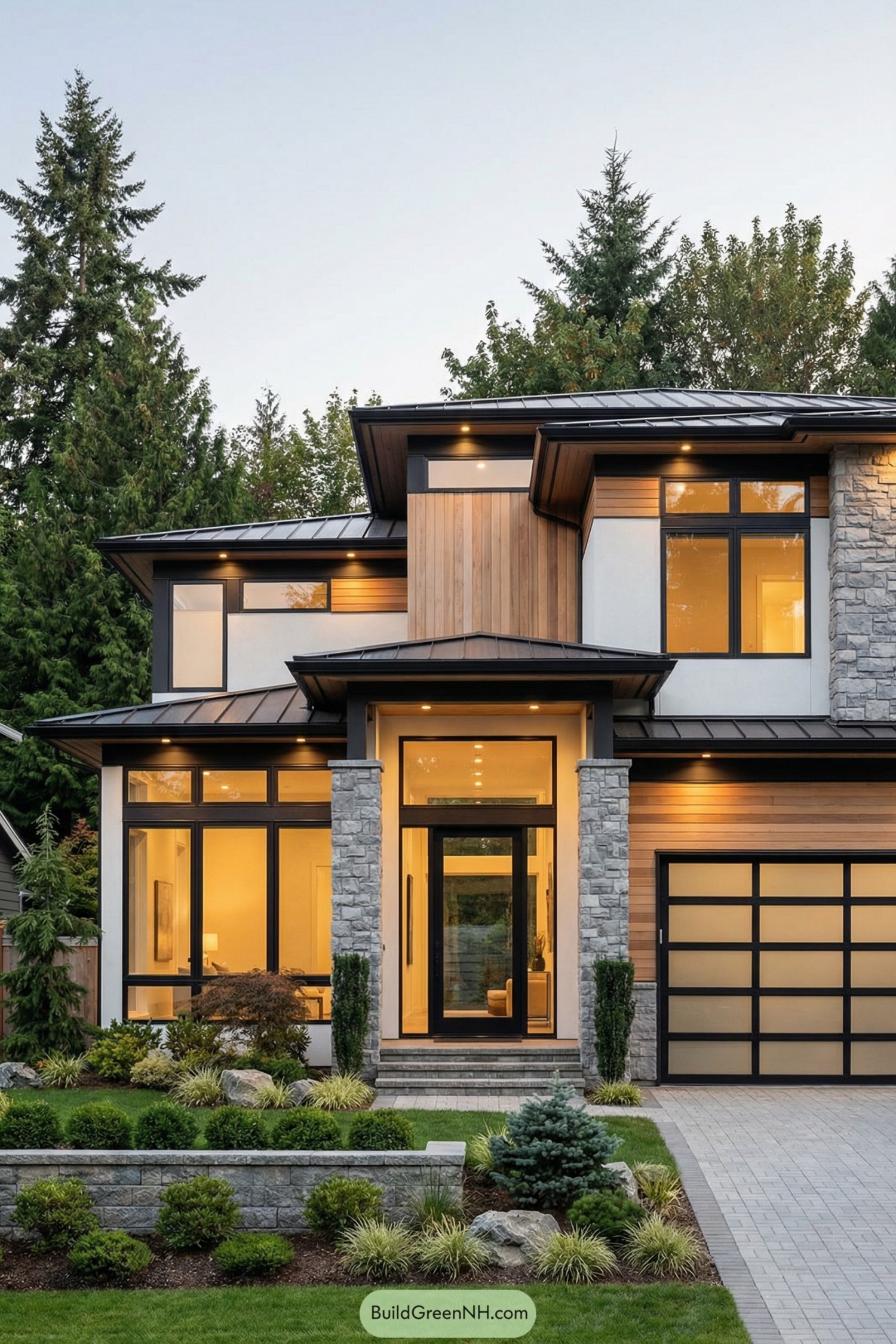 Modern two-story house with wood and stone