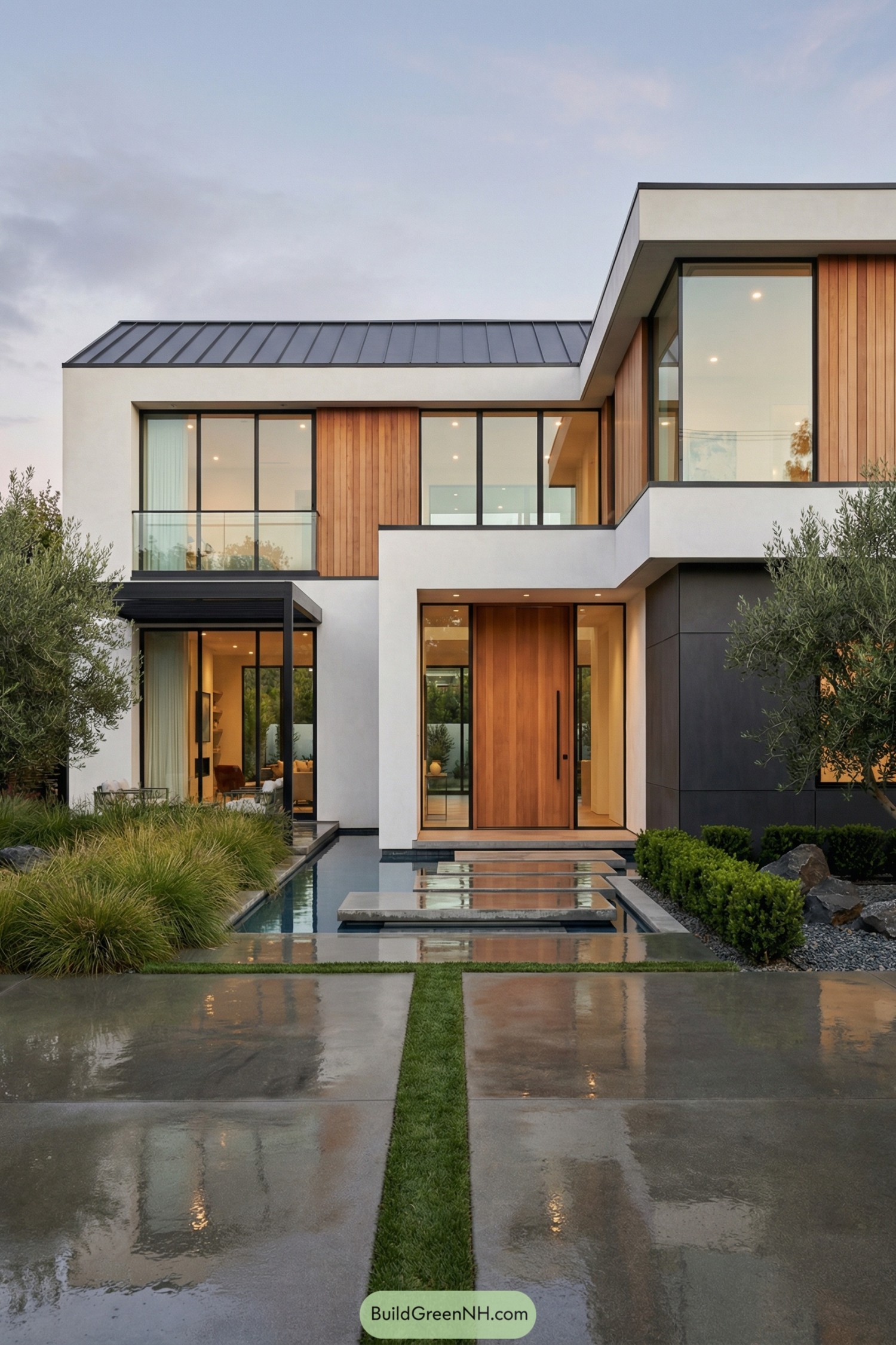 Two-story modern house with large glass walls, wood accents, and a reflecting pool leading to the front door