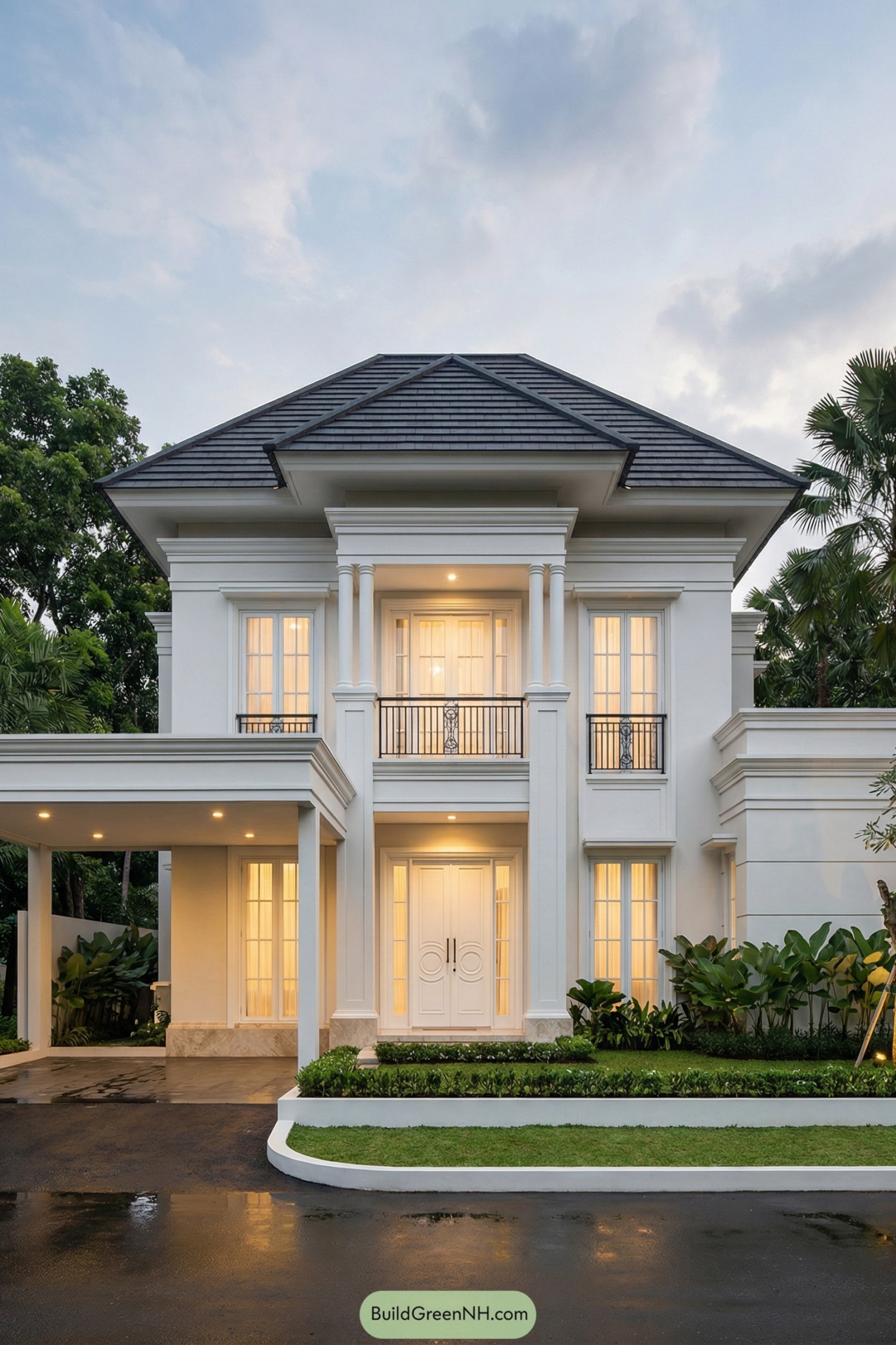 Two-story white neoclassical house at dusk with tall columns and warm interior lighting
