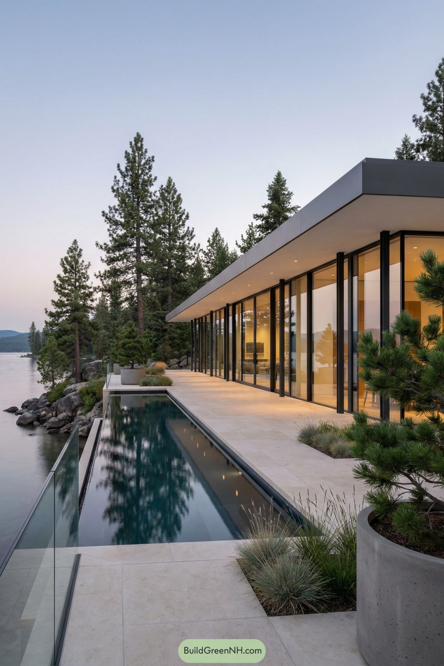 Modern glass-walled lakeside home with narrow reflecting pool
