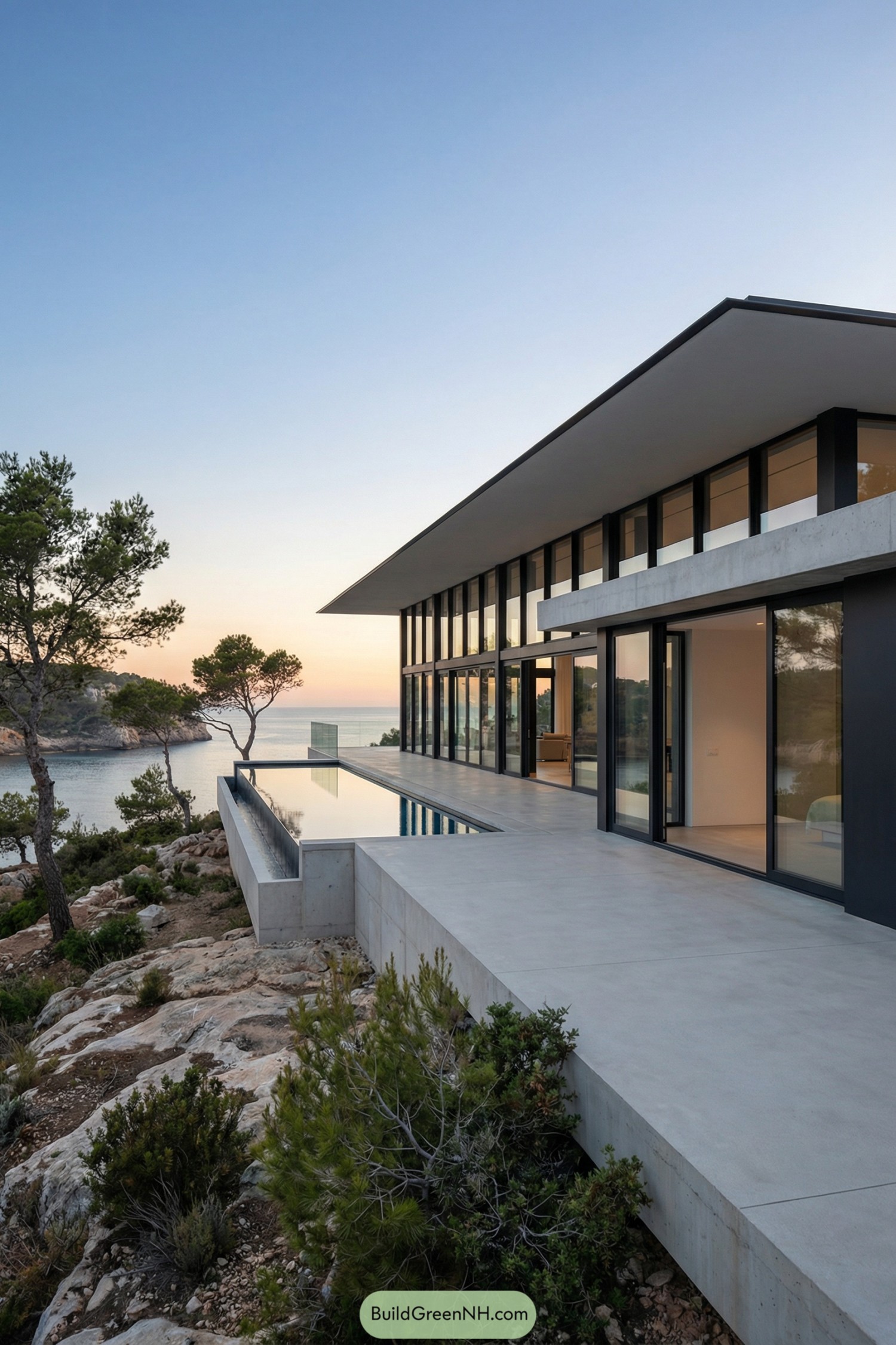 Modern linear glass house with infinity pool overlooking a rocky seaside cove at sunset