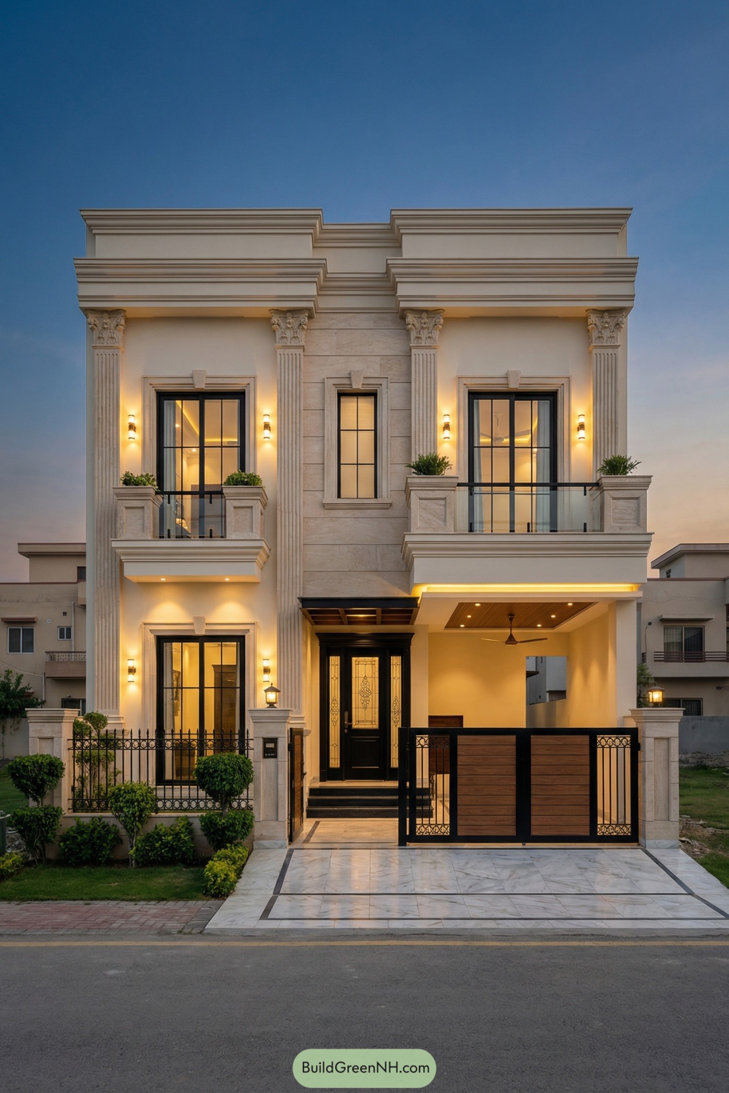 Two-story neoclassical house with tall columns and warm exterior lighting at dusk