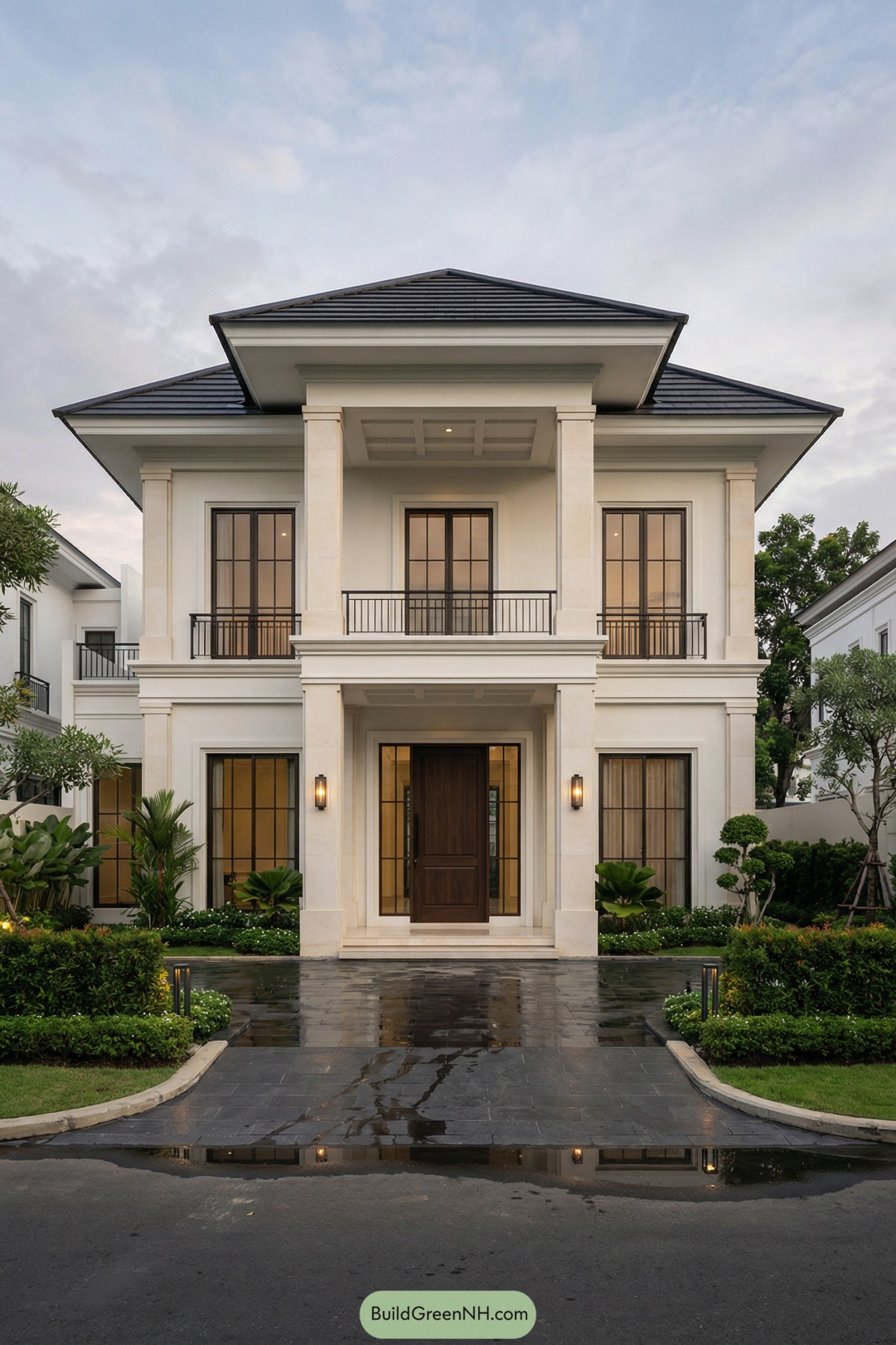 Two-story modern manor with tall columns, warm lighting, and lush front landscaping