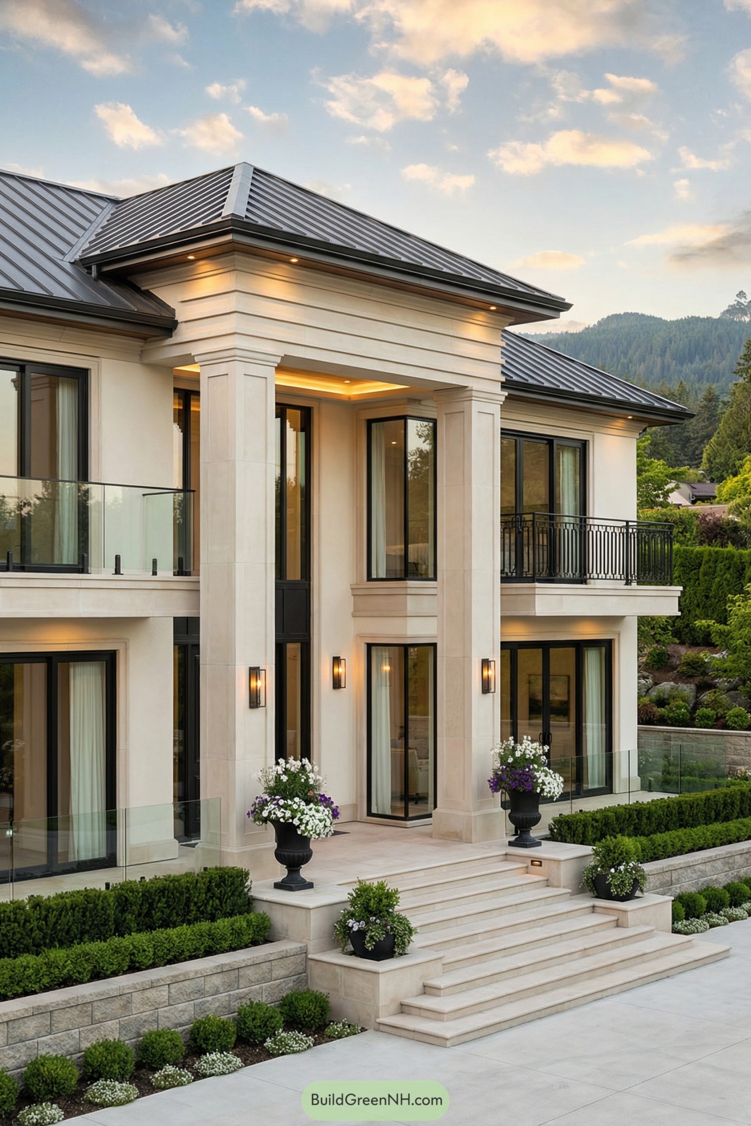 Creamy stone façade modern house with tall columns glass railings and manicured terraces