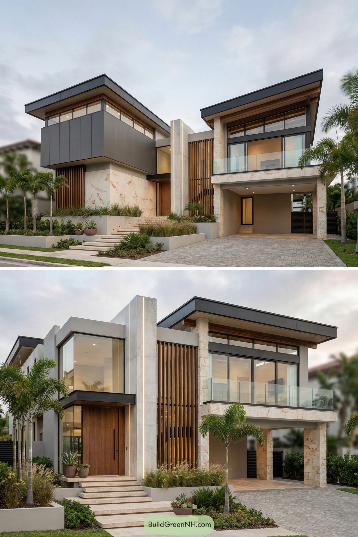 Contemporary coastal house with cantilevered volumes large glass windows and warm stone accents