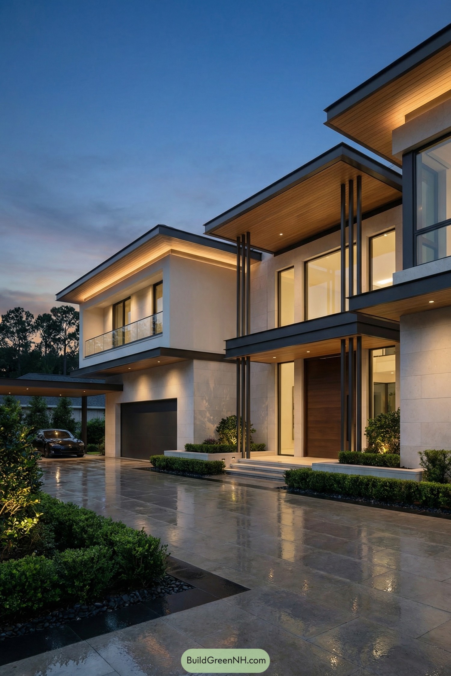 Modern two-story house with wide glazing, floating rooflines, and warm exterior lighting at dusk