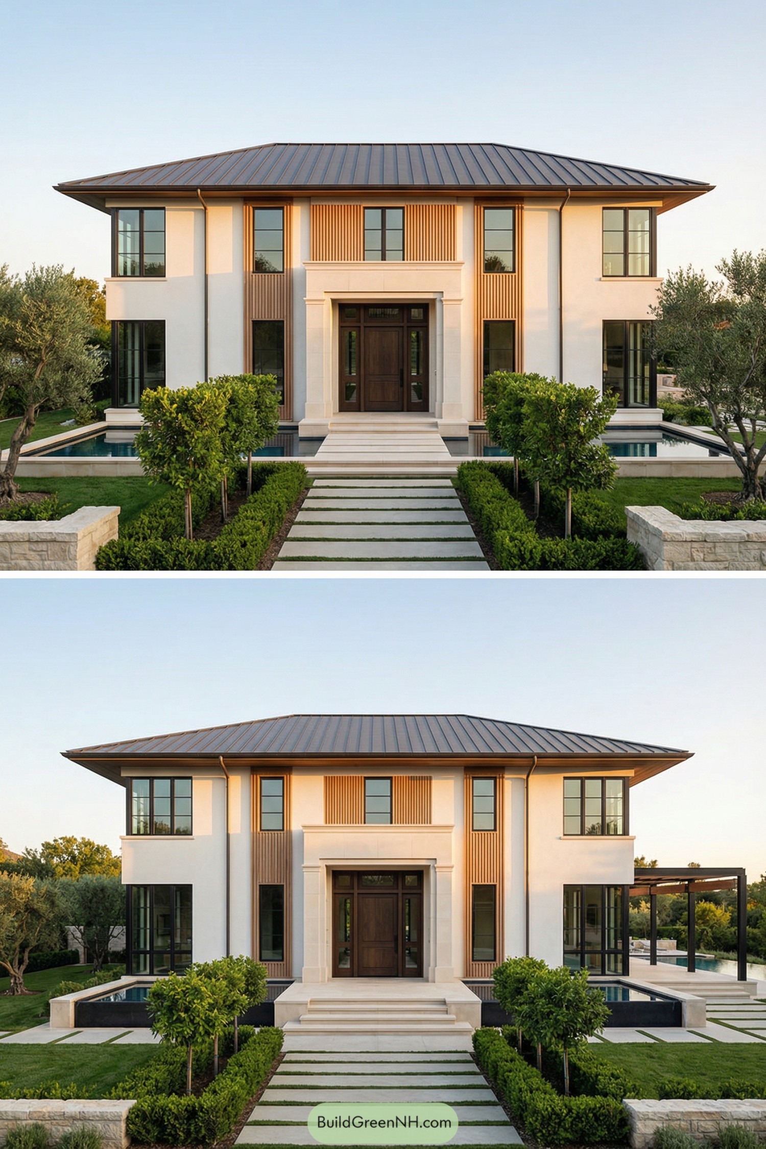 Elegant two-story modern house with symmetrical facade, flat metal roof, and reflecting pools flanking a formal entry path