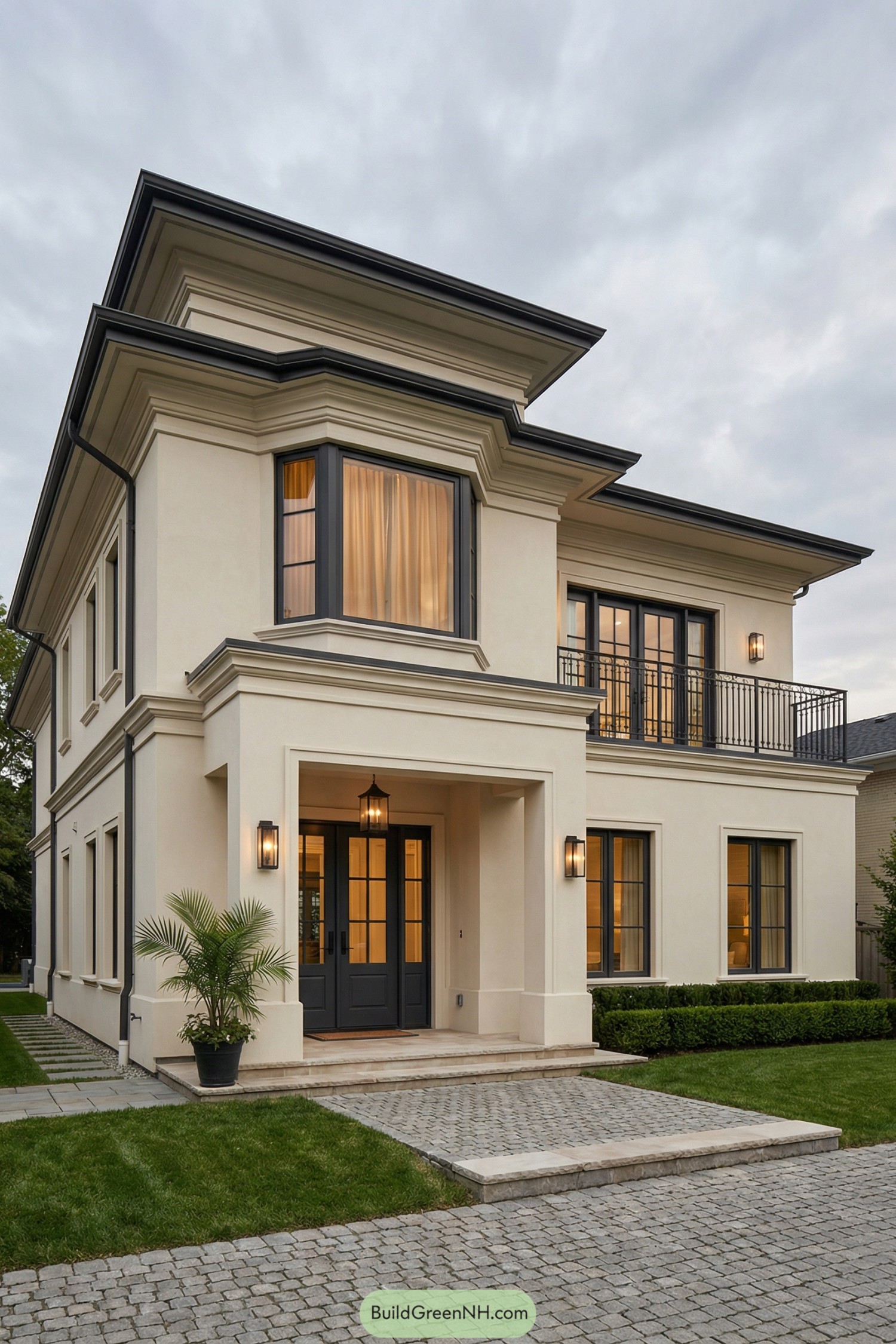Two-story cream modern house with dark trim and balcony at dusk