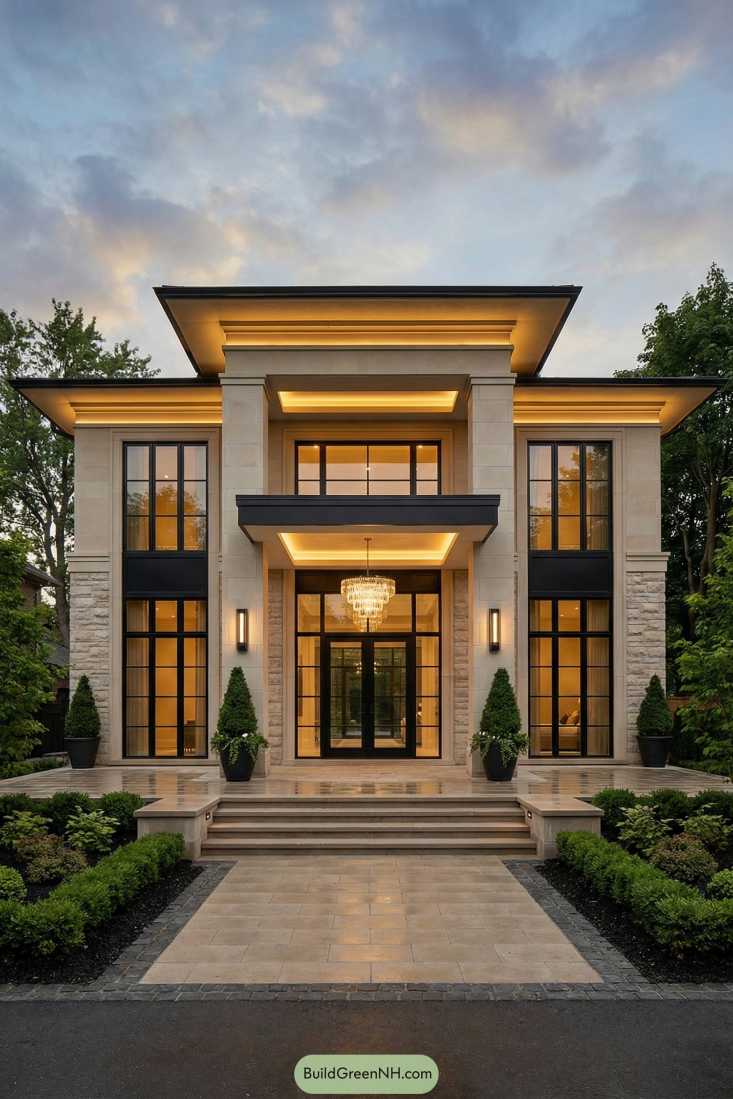 Modern stone manor with tall black-framed windows and warm golden exterior lighting at dusk