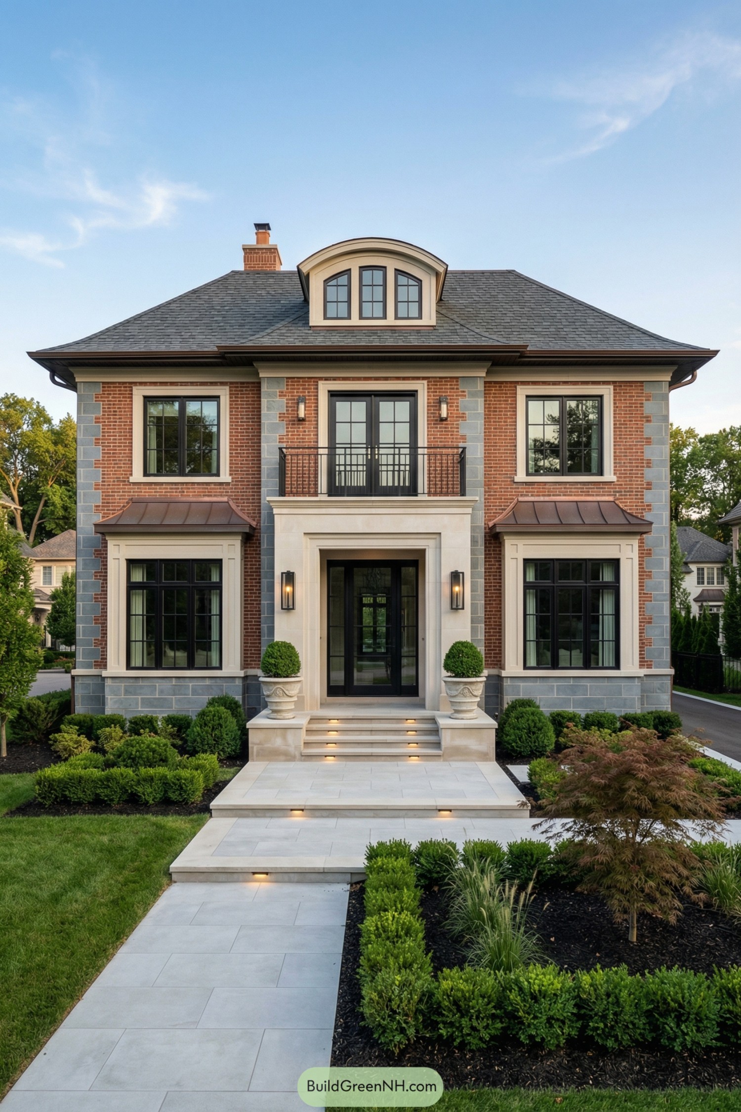 Symmetrical brick residence with grand stone entry