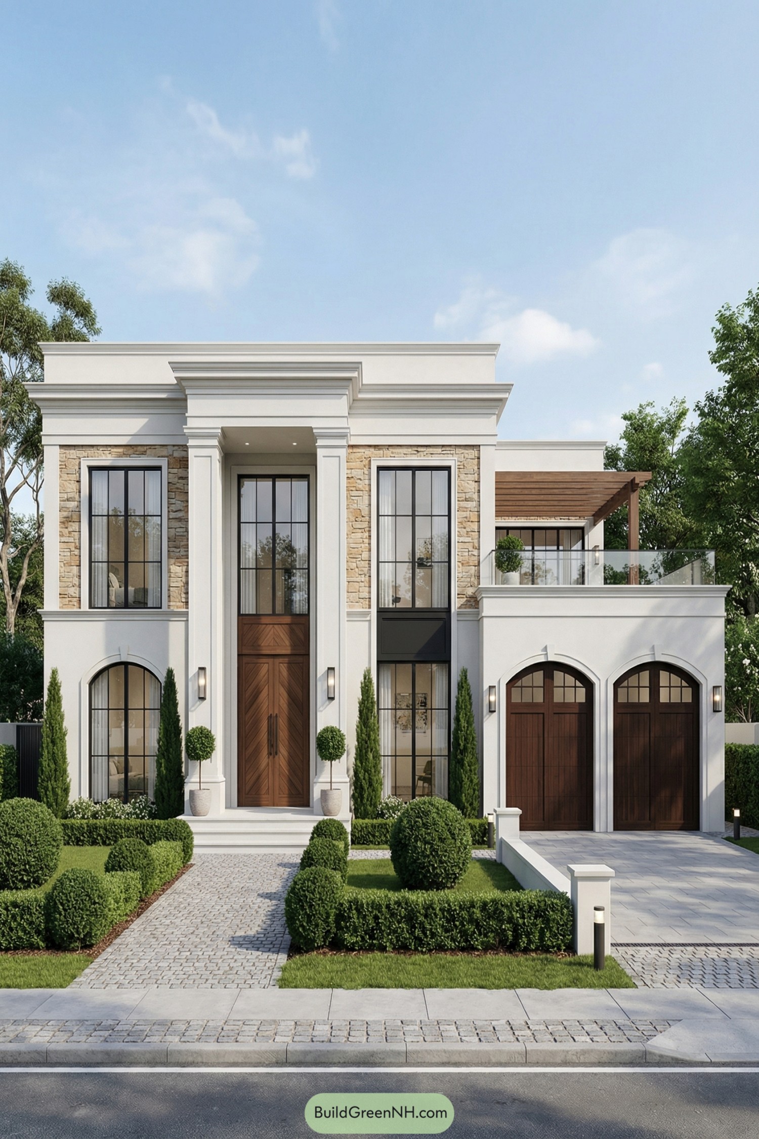 Modern two-story house with tall columns large windows and manicured front garden