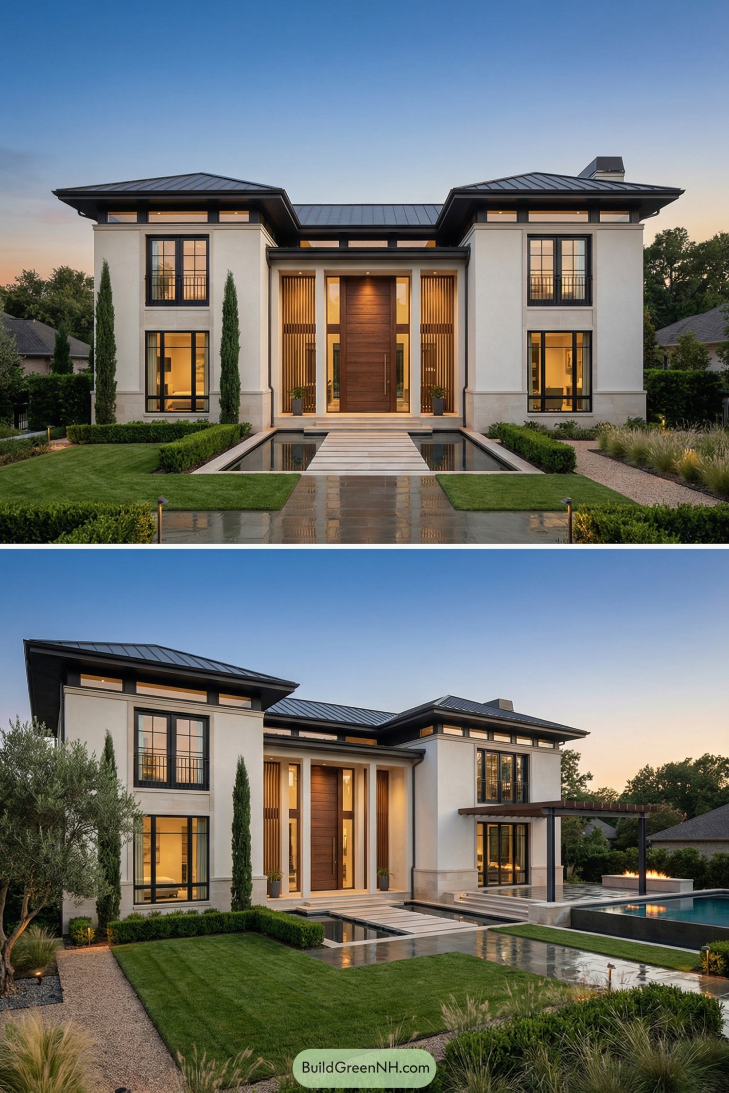 Modern two-story white villa with front reflecting pools and backyard swimming pool at sunset