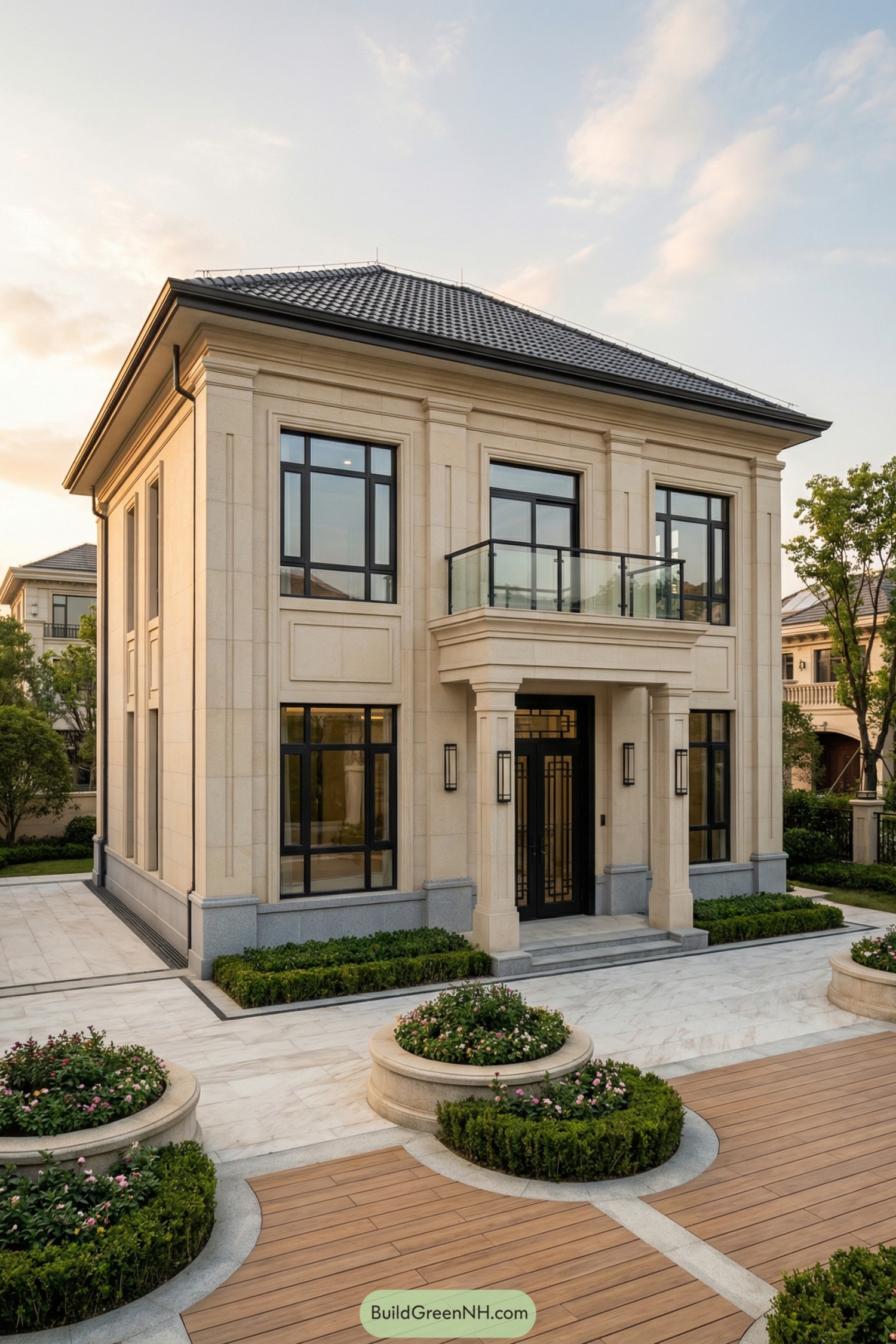 Two-story stone modern manor with balcony