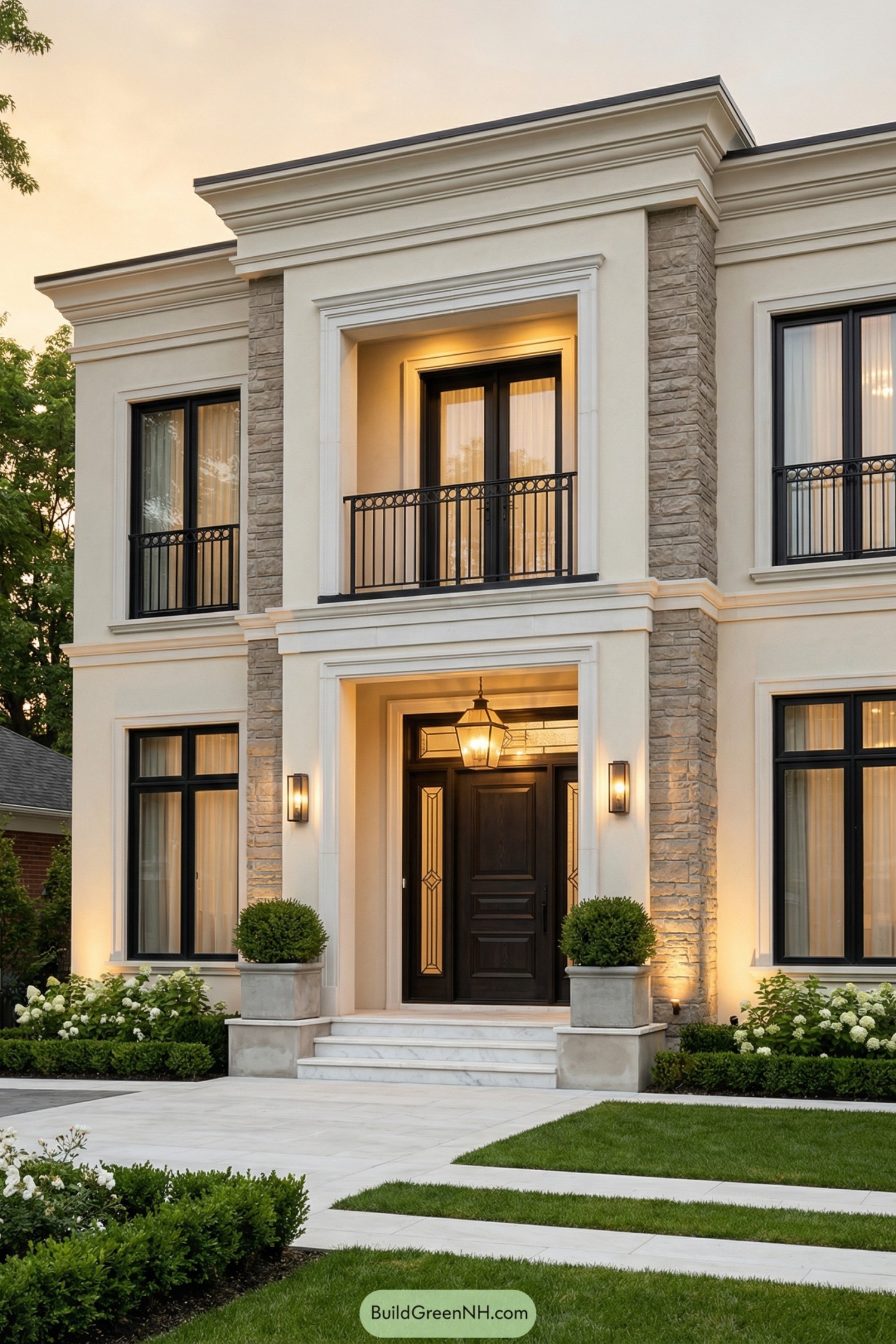 Elegant two-story modern manor with warmly lit entry