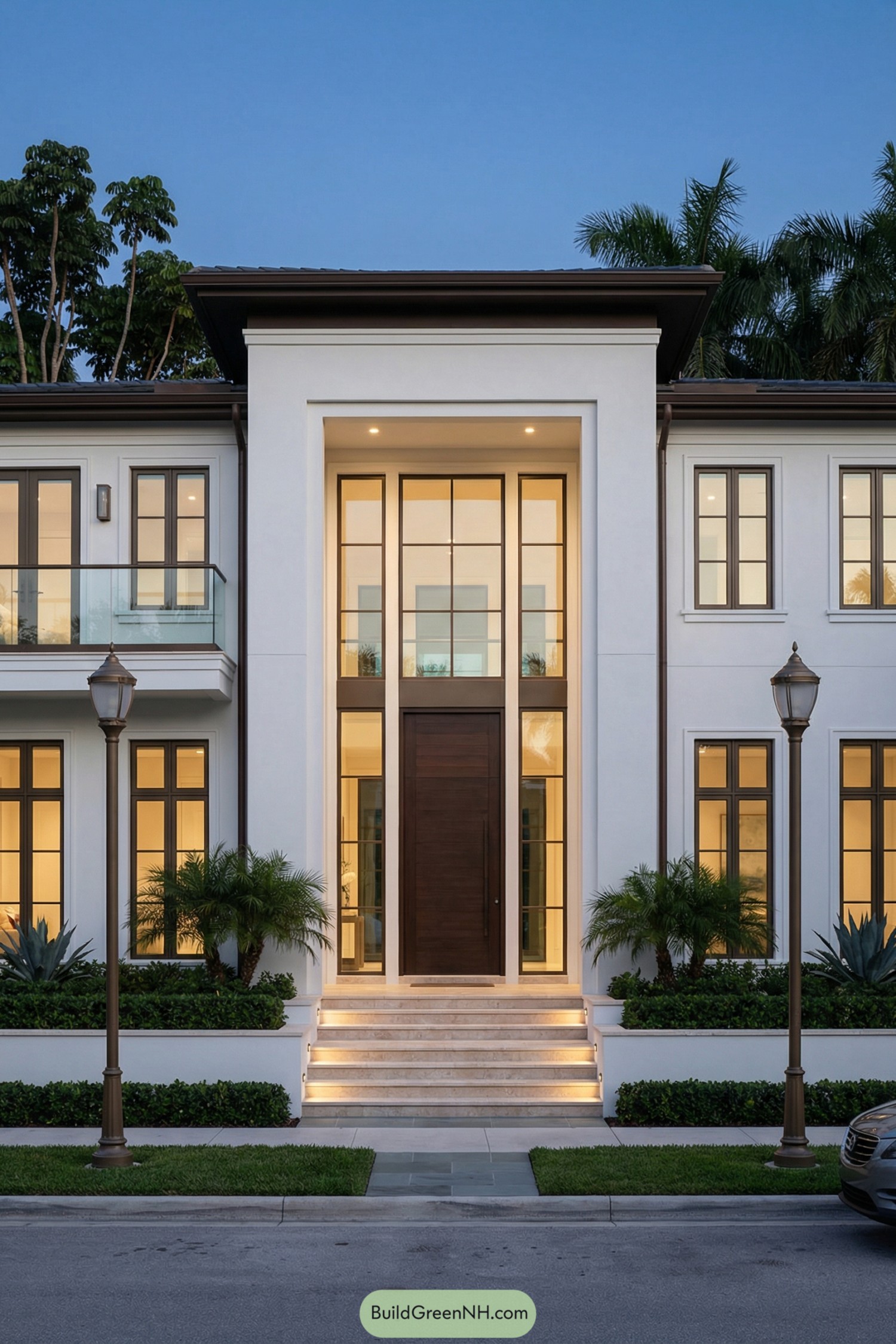 Modern white two story house with tall glass entry and landscaped steps