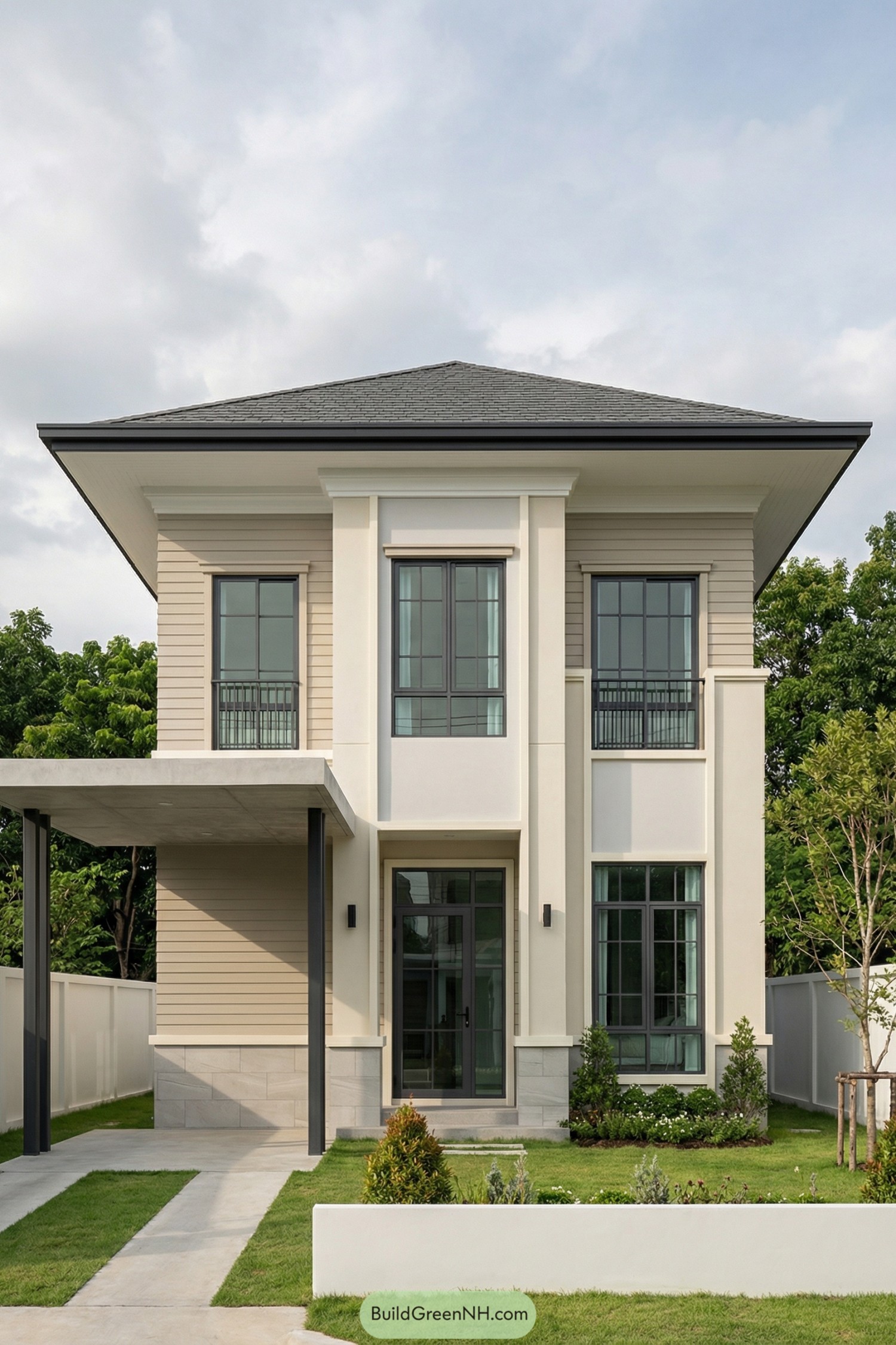Two-story cream modern house with flat-roof carport and trim landscaping