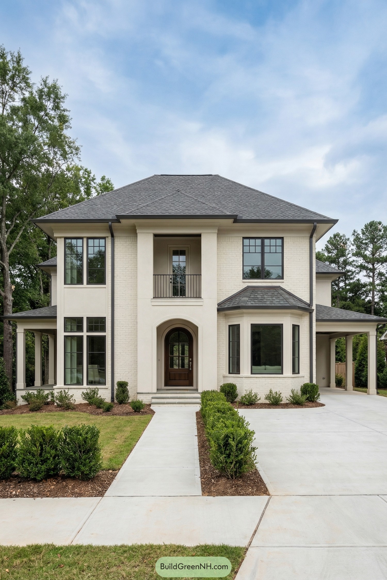 Cream-colored two-story modern house with tall windows, arched entry, and side carport
