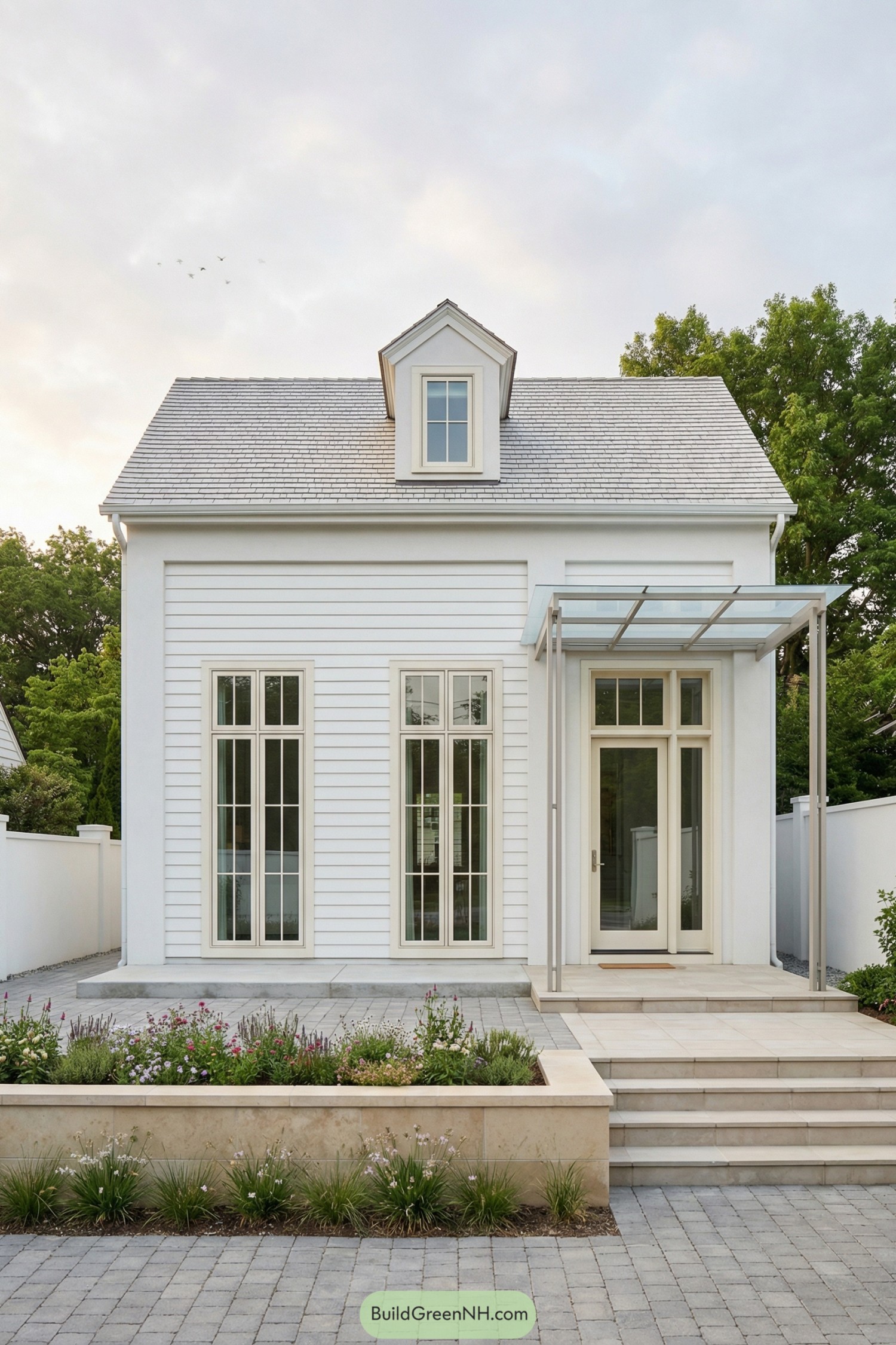Modern white gabled house with tall windows and glass entry canopy