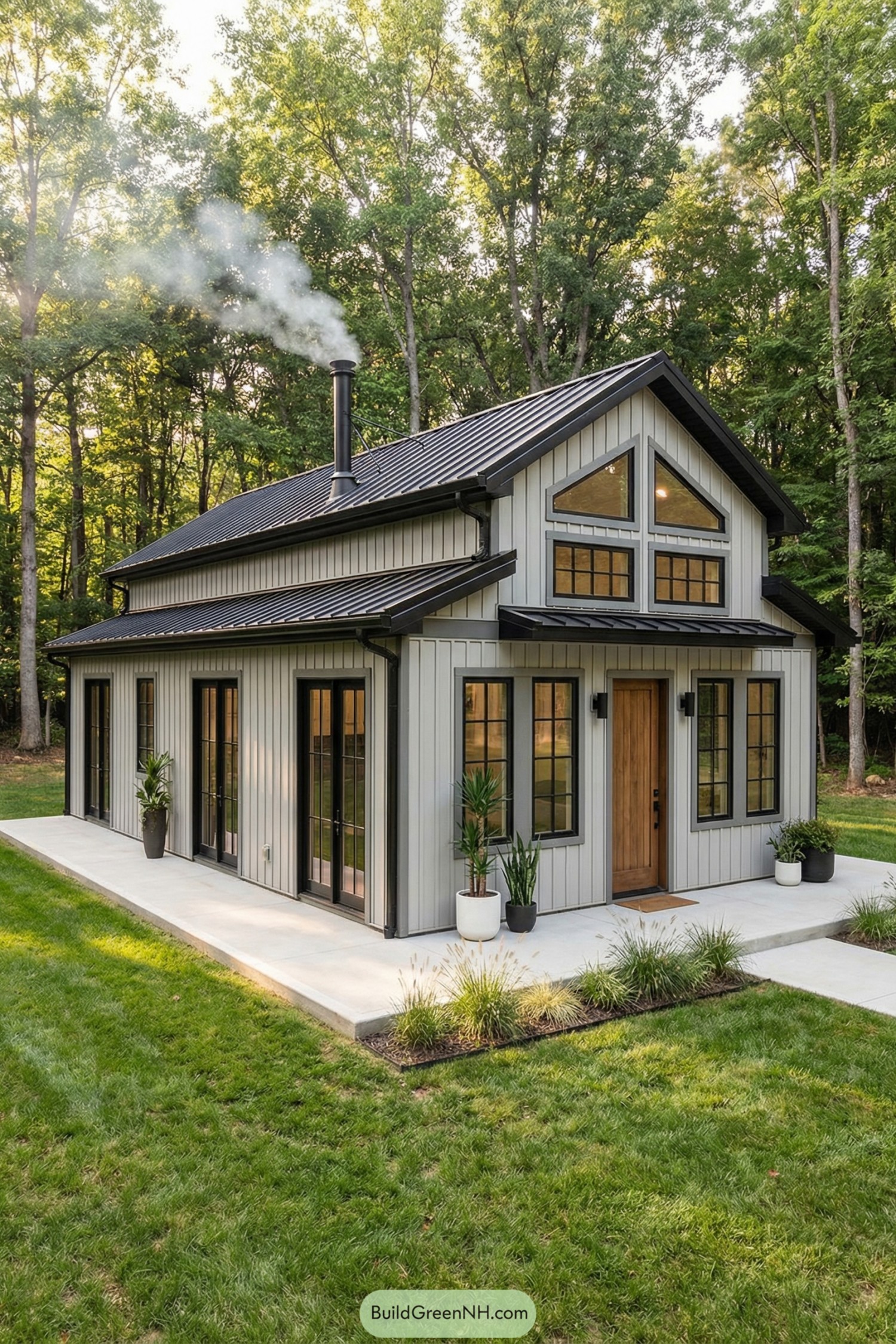 Compact modern cottage with gray vertical siding black metal roof and tall windows in a forested yard