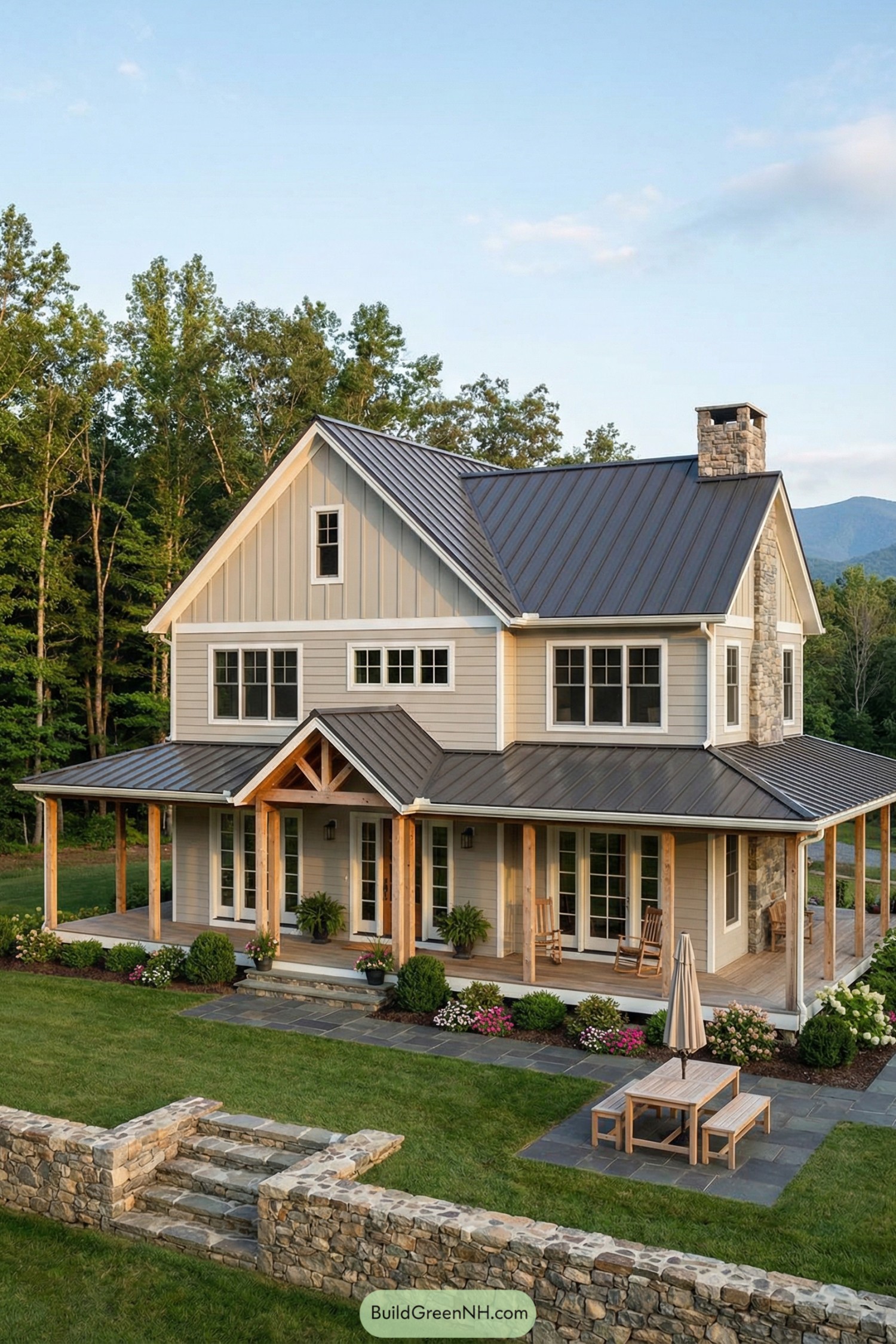 Two-story cottage-style barndominium with metal roof and wraparound porch set in a landscaped yard