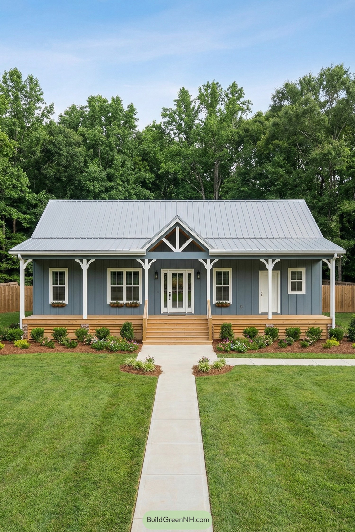 Blue board-and-batten cottage with metal roof, full front porch, and symmetrical landscaping