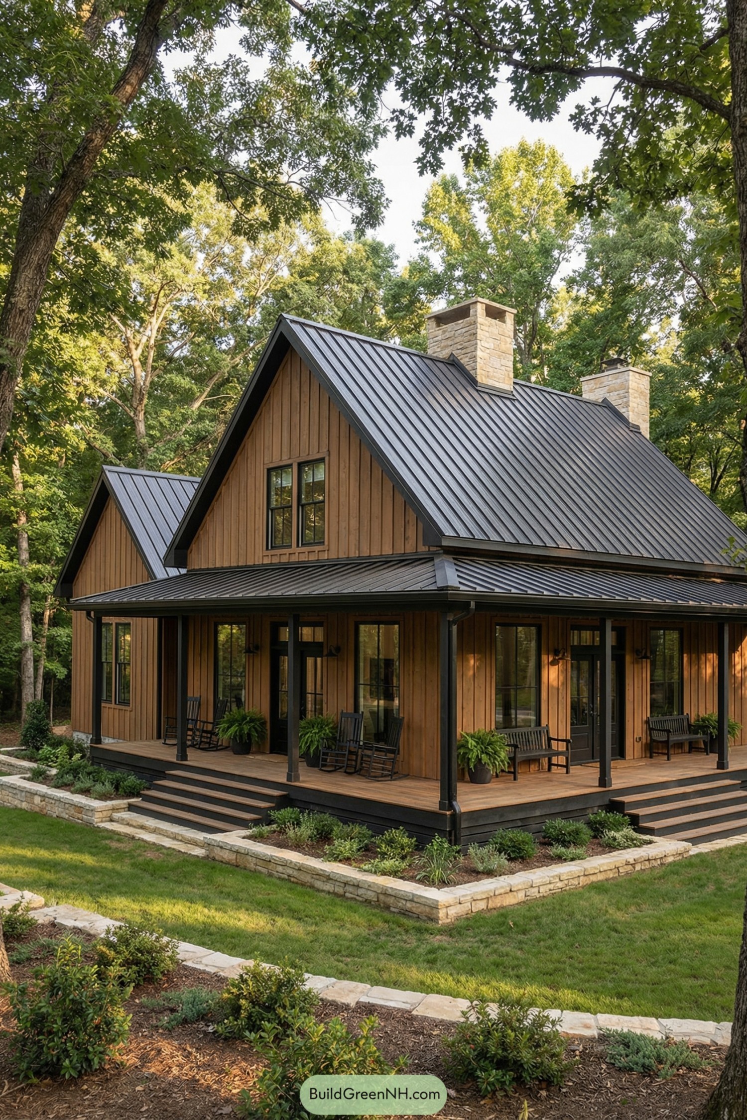 Warm wood barndominium with black metal roof and wraparound porch in a forested yard