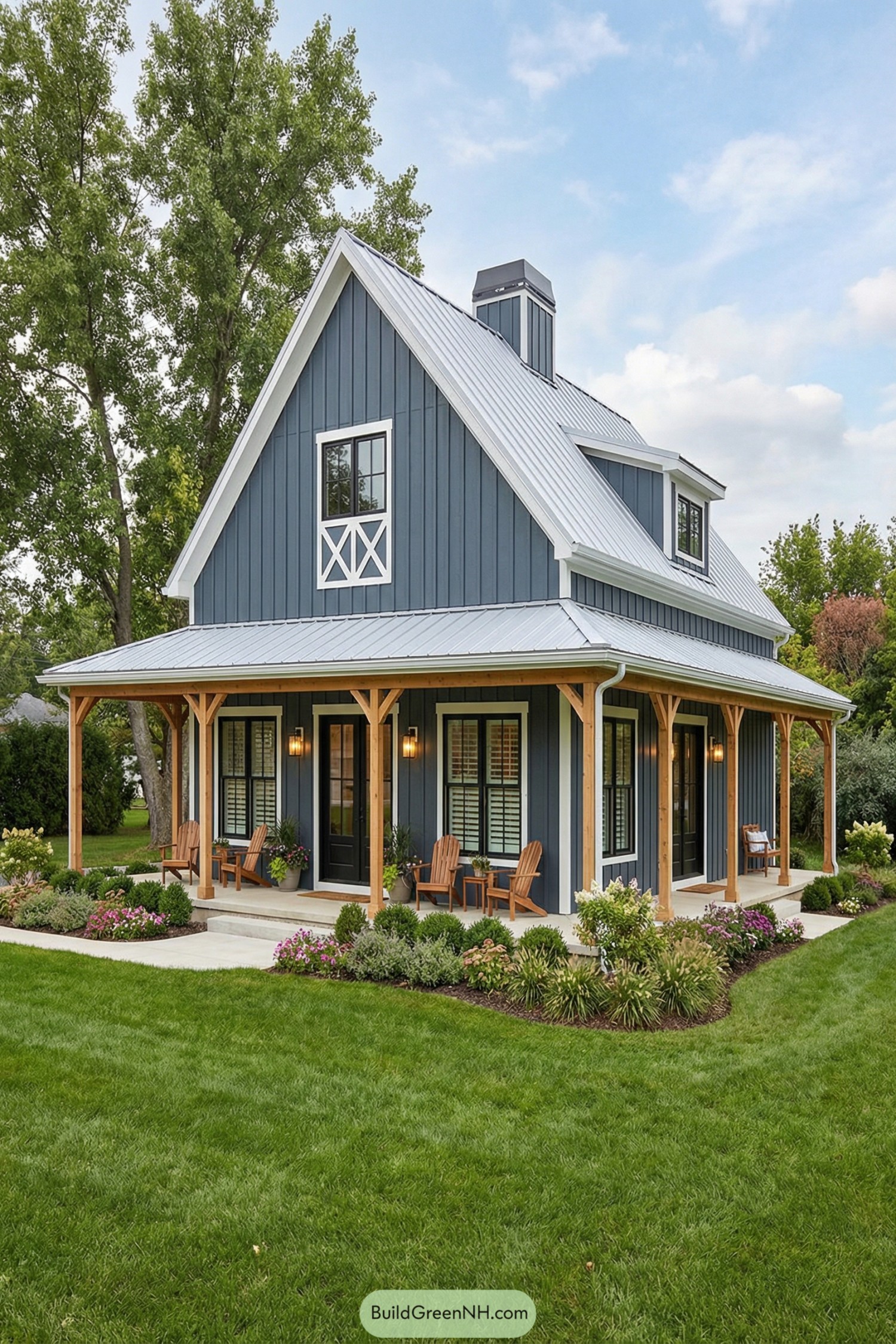 Blue board-and-batten barndominium with wraparound porch and metal roof