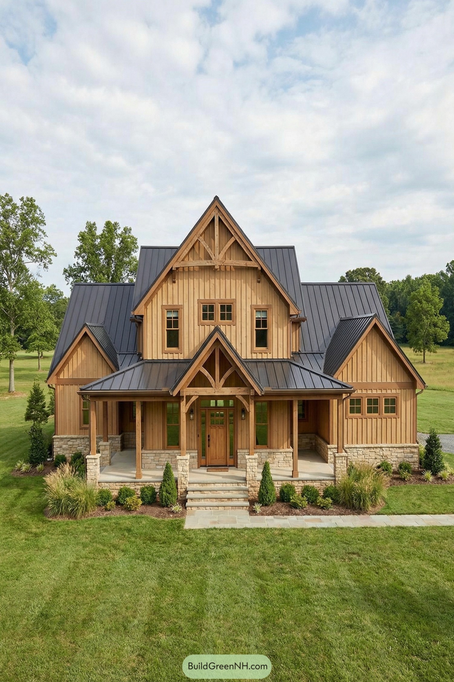 Warm wood barndominium with steep gables, metal roof, and stone-based porch set in open green landscape
