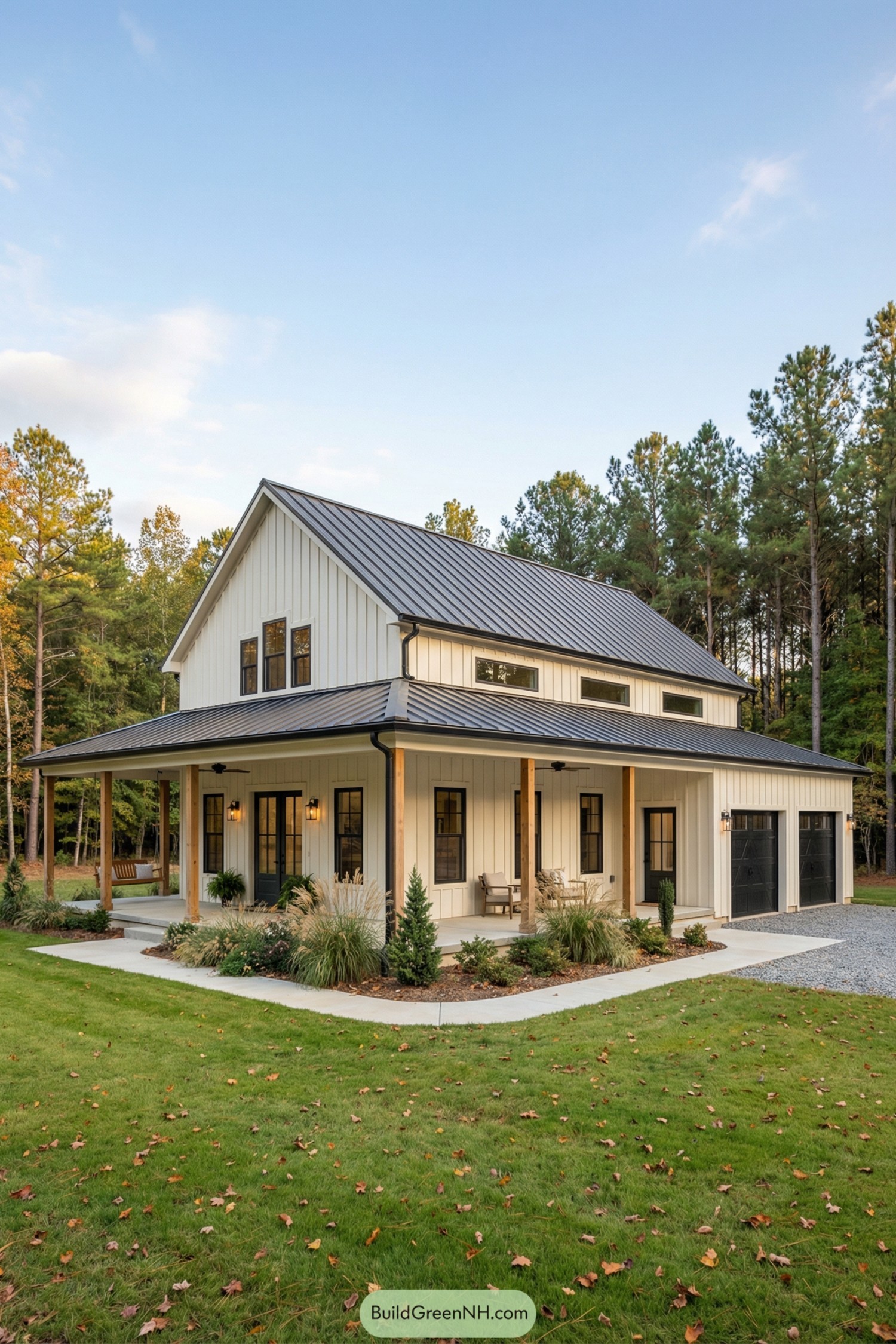 White barndominium with wraparound porch and black roof set by trees