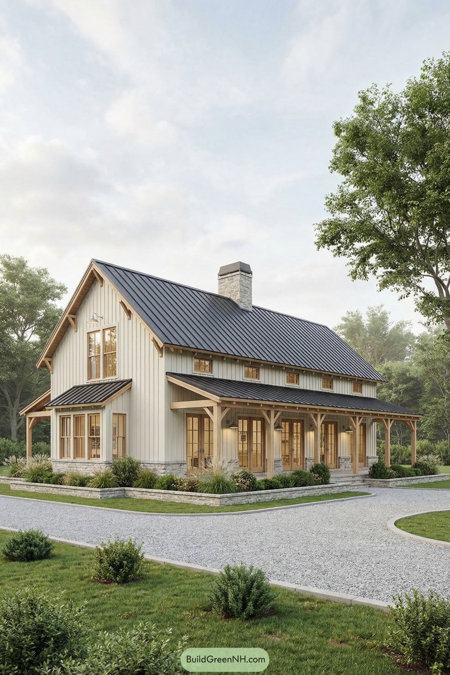 Two-story cream board and batten barndominium with black metal roof, wraparound porch, and stone chimney surrounded by simple landscaping