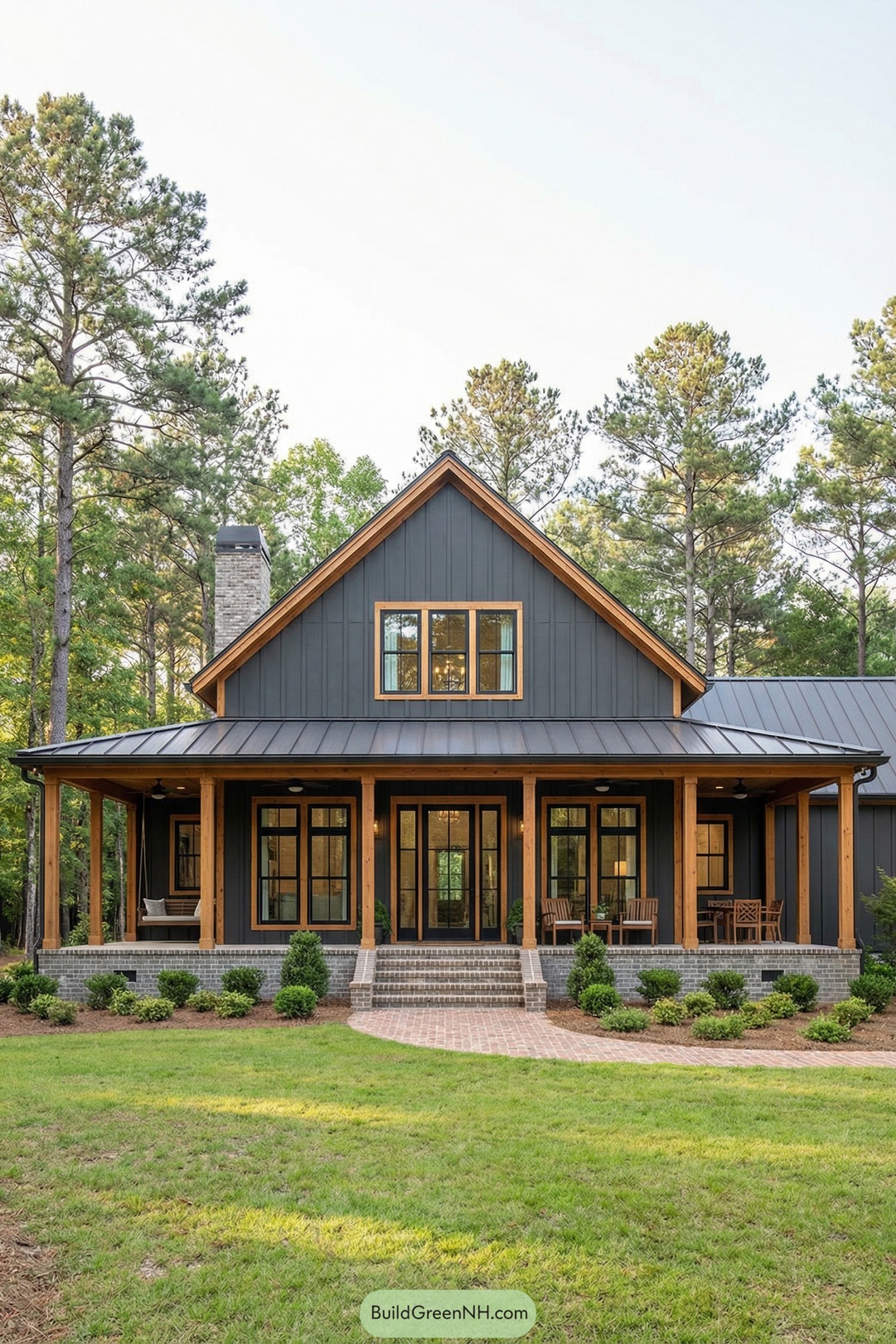 Dark board and batten cottage with warm wood trim, metal roof, and full wraparound porch set among tall pines