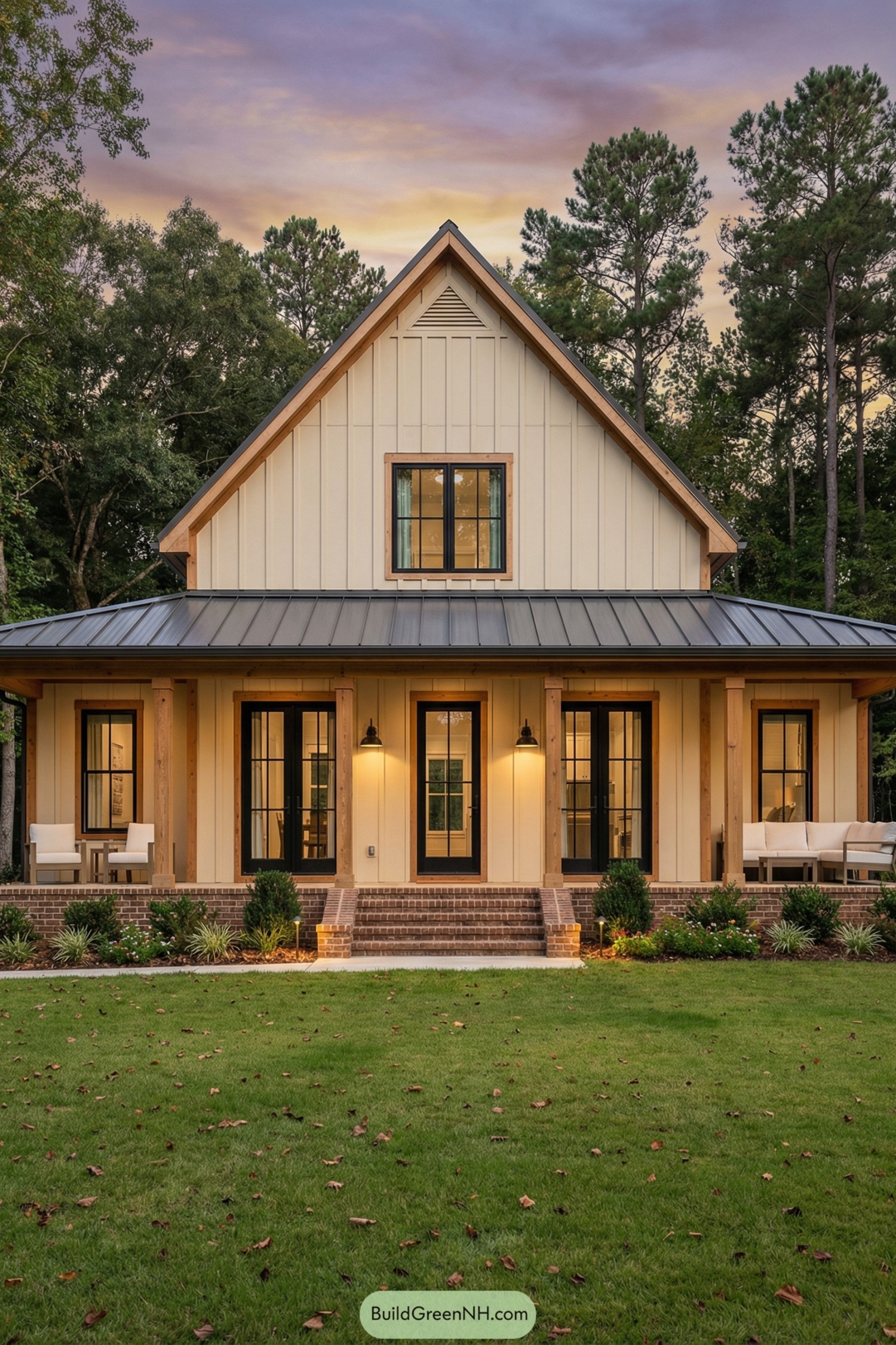 Warm cream board and batten cottage with deep front porch at sunset
