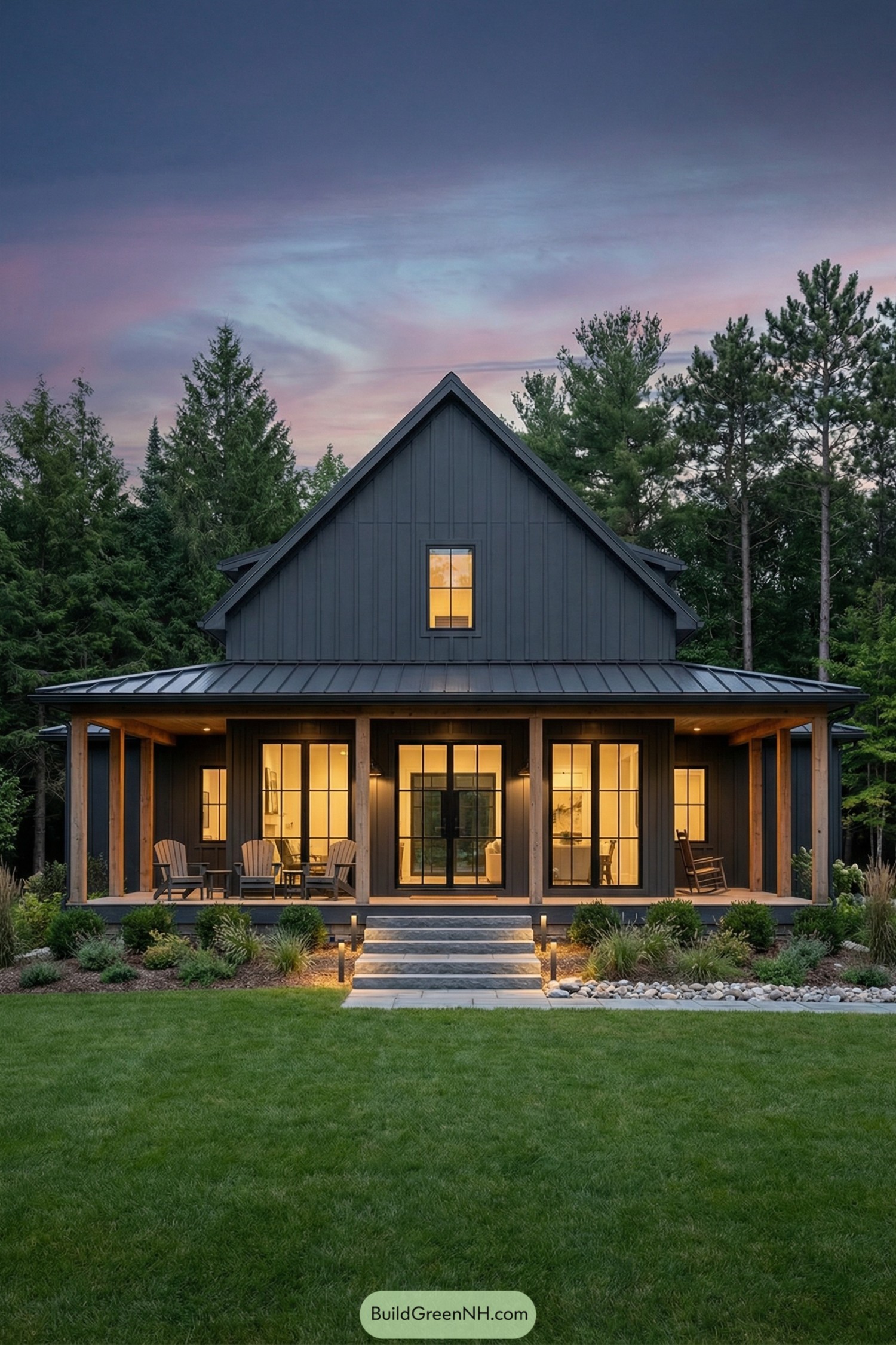 Dark charcoal barndominium cottage with front porch glowing at dusk