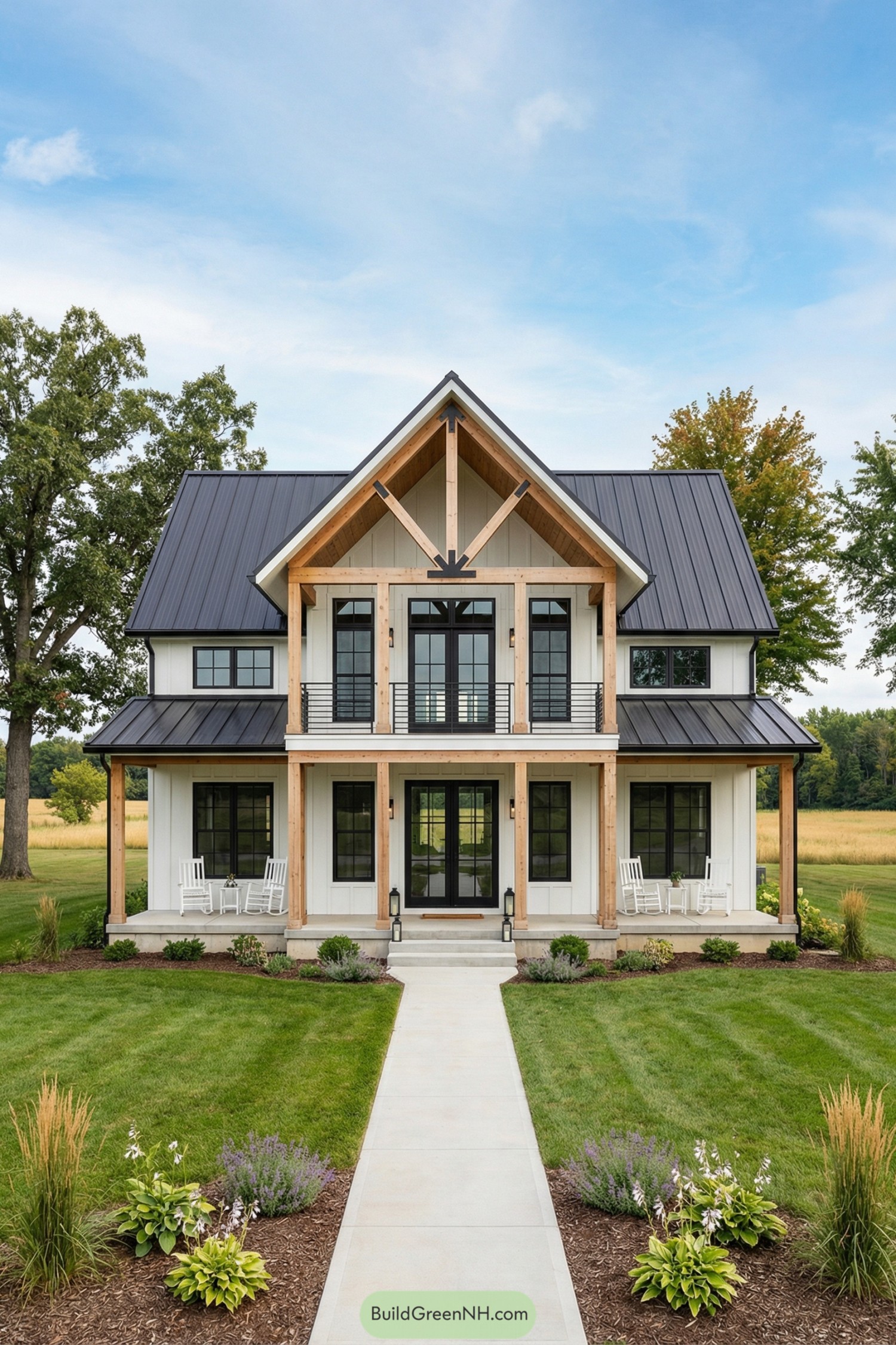 Two story white barndominium with black metal roof and timber framed porches