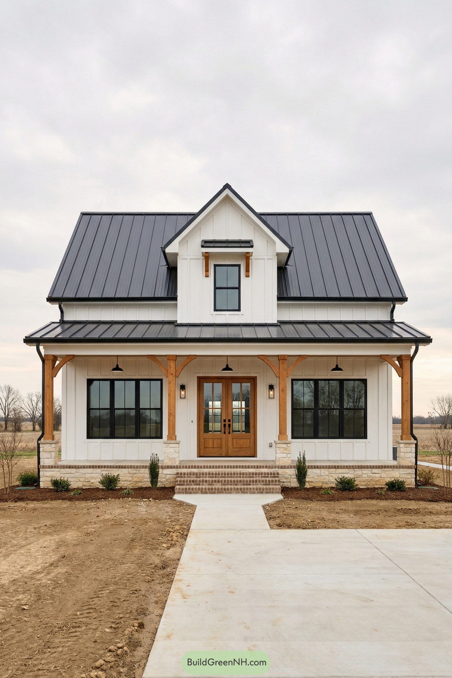 White farmhouse barndominium with metal roof and wood porch posts